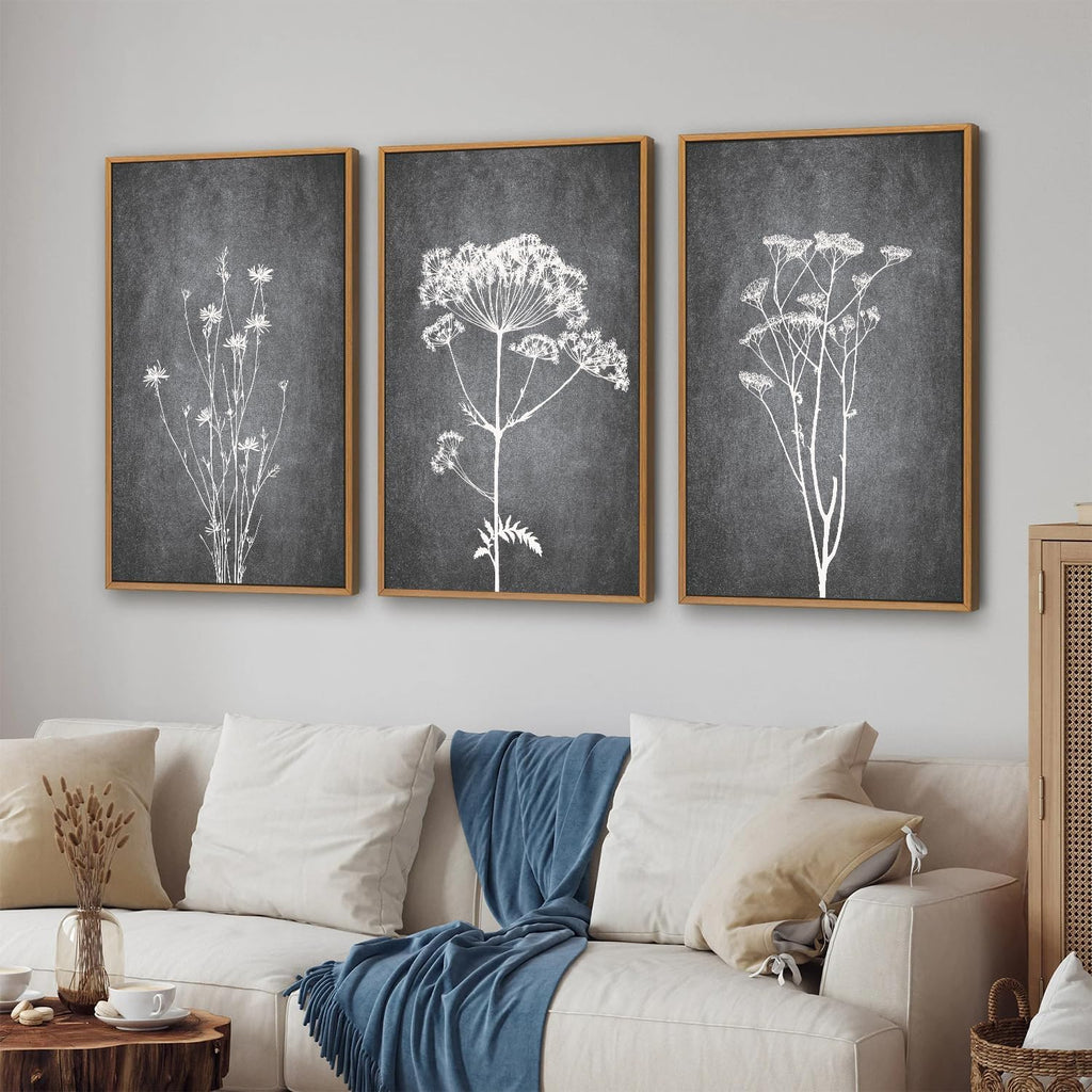 Tinonedraw Black and White Floral Framed Canvas Wall Art Set, Vintage Flower Wall Decor, Dark Academia Minimalist Botanical Art Paintings, Wildflower Art Print for Living Room Bedroom Office 16"x24"x3