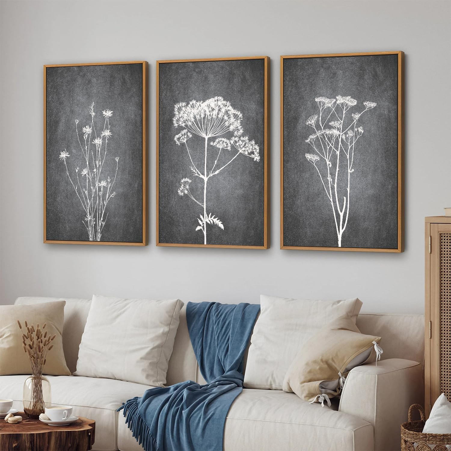 Tinonedraw Black and White Floral Framed Canvas Wall Art Set, Vintage Flower Wall Decor, Dark Academia Minimalist Botanical Art Paintings, Wildflower Art Print for Living Room Bedroom Office 16"x24"x3