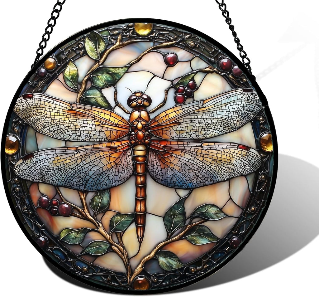 Stained Glass Window Hanging - Dragonfly Plant Suncatcher Ready to Hang Window Doors Home Decoration, Christmas, Mother's Day Birthday Gifts for Women, Men, and Mom 7.8x7.8 in