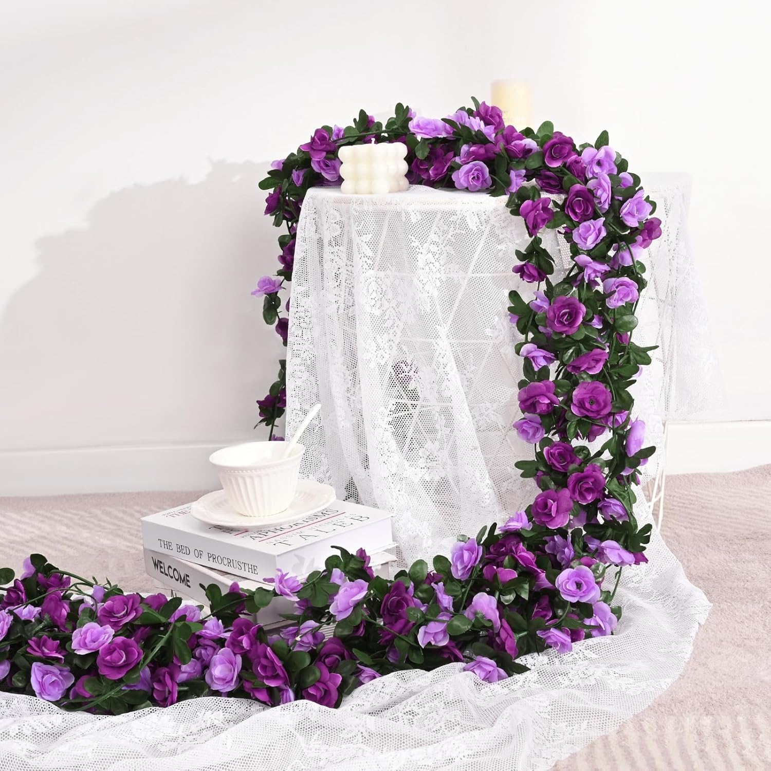 BLEUM CADE 2Pcs 16.4Ft Flower Garland Artificial Rose Vines for Bedroom, Cute Fake Hanging Flower Vines Floral Garland Decorations for Wedding Party Wall Room Decor Aesthetic