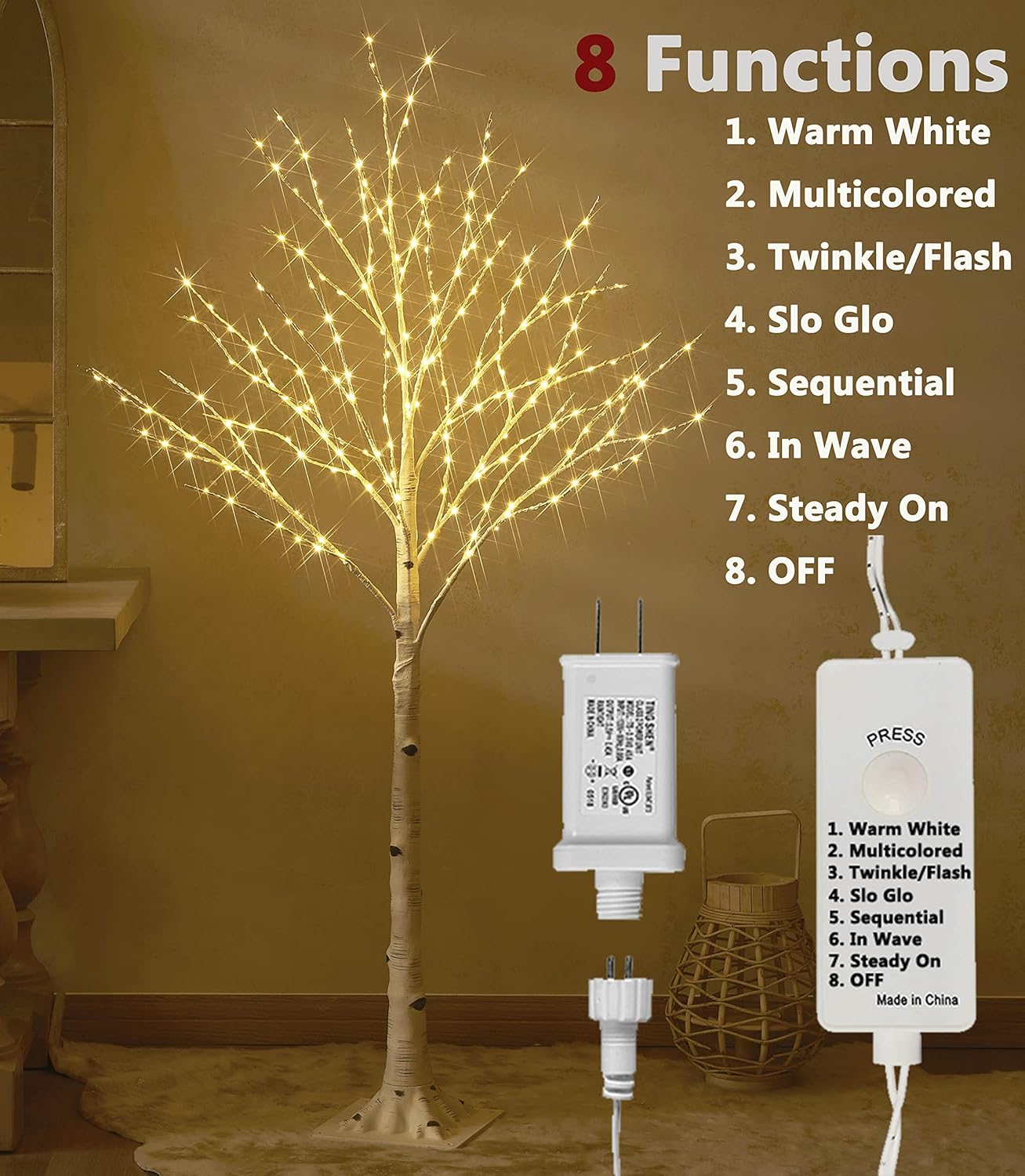 LITBLOOM Lighted Birch Tree Plug in with 8 Functions 6FT 330 Multi Color and Warm White Fairy Lights, White Christmas Tree with Lights for Indoor Outdoor Home Christmas Holiday Party Decoration