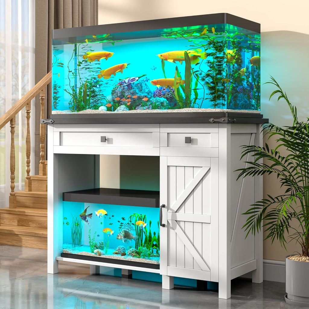 40 Gallon Fish Tank Stand with Power Outlets, Farmhouse Decorative Aquarium Stand Furniture with Adjustable Shelves and Storage Drawer, 30-40 Gallon Reptile Turtle Tank Stand(White, 30-40GL)