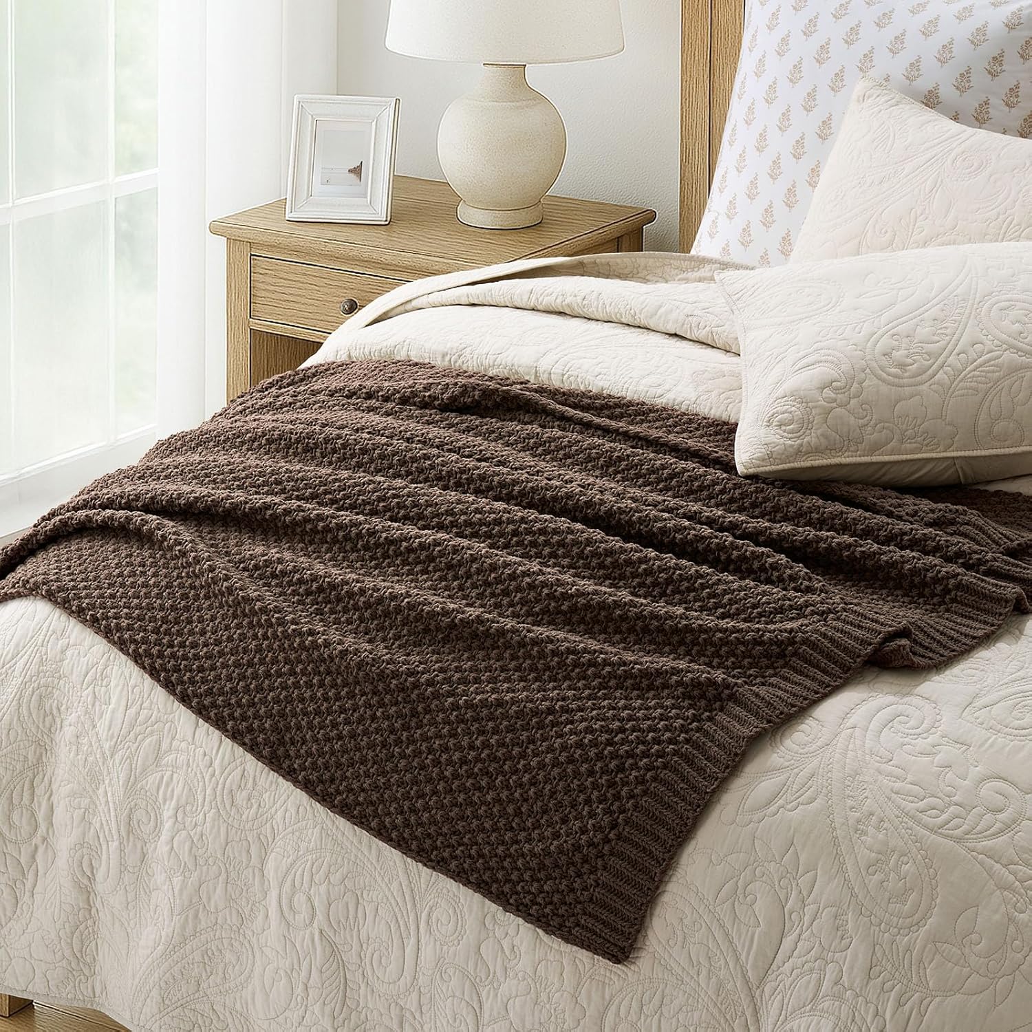 EVERGRACEHOME Chunky Chenille Knit Throw Blanket for Couch, Soft Luxurious Moss Stitch Blankets for Bed, Cozy Decorative Farmhouse Knitted Throws for Sofa, Cocoa Brown, 60" x 80"