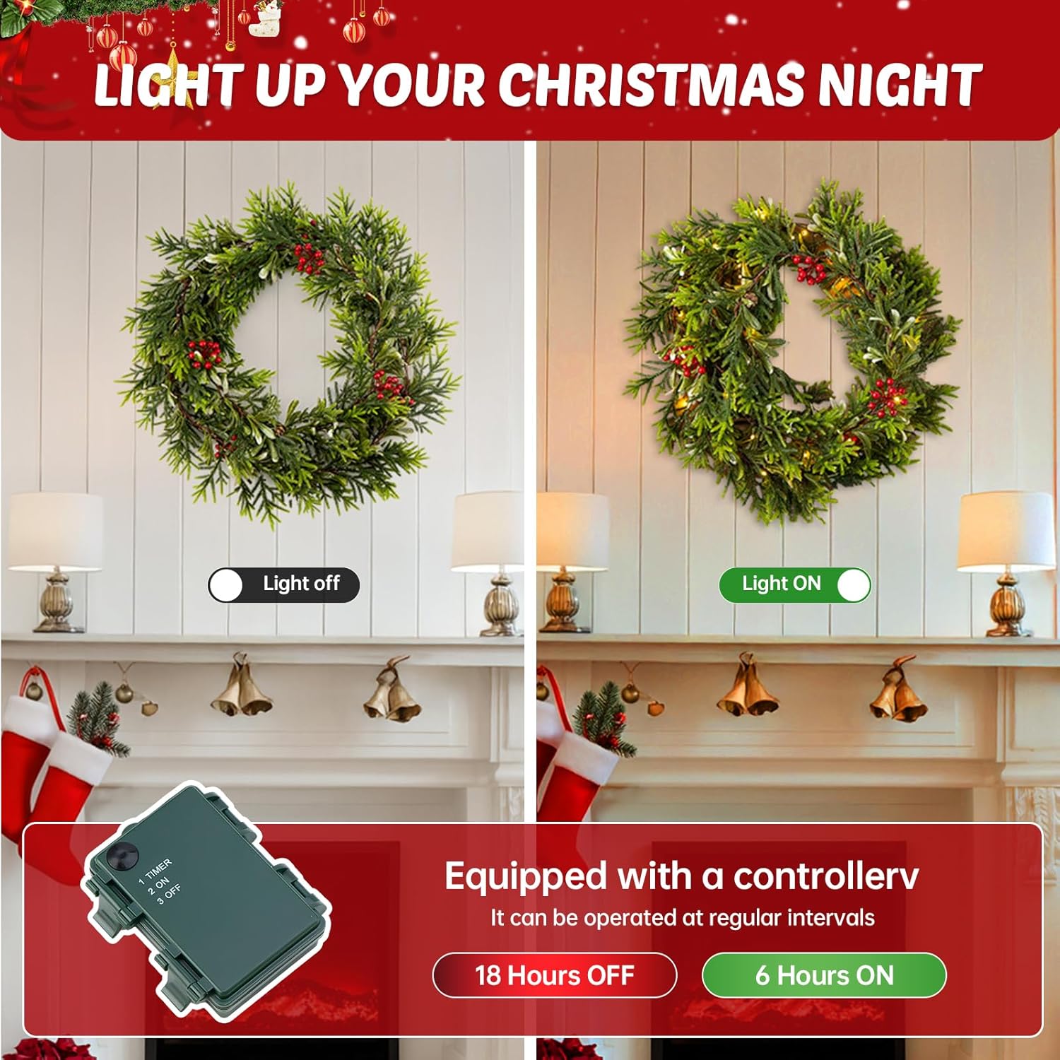 6FT Christmas Garland – Artificial Norfolk Pine Olive Garland with Red Berries, Pinecones & 20 Warm LED Timer Lights – Holiday Garland for Home, Wedding, Party Decorations