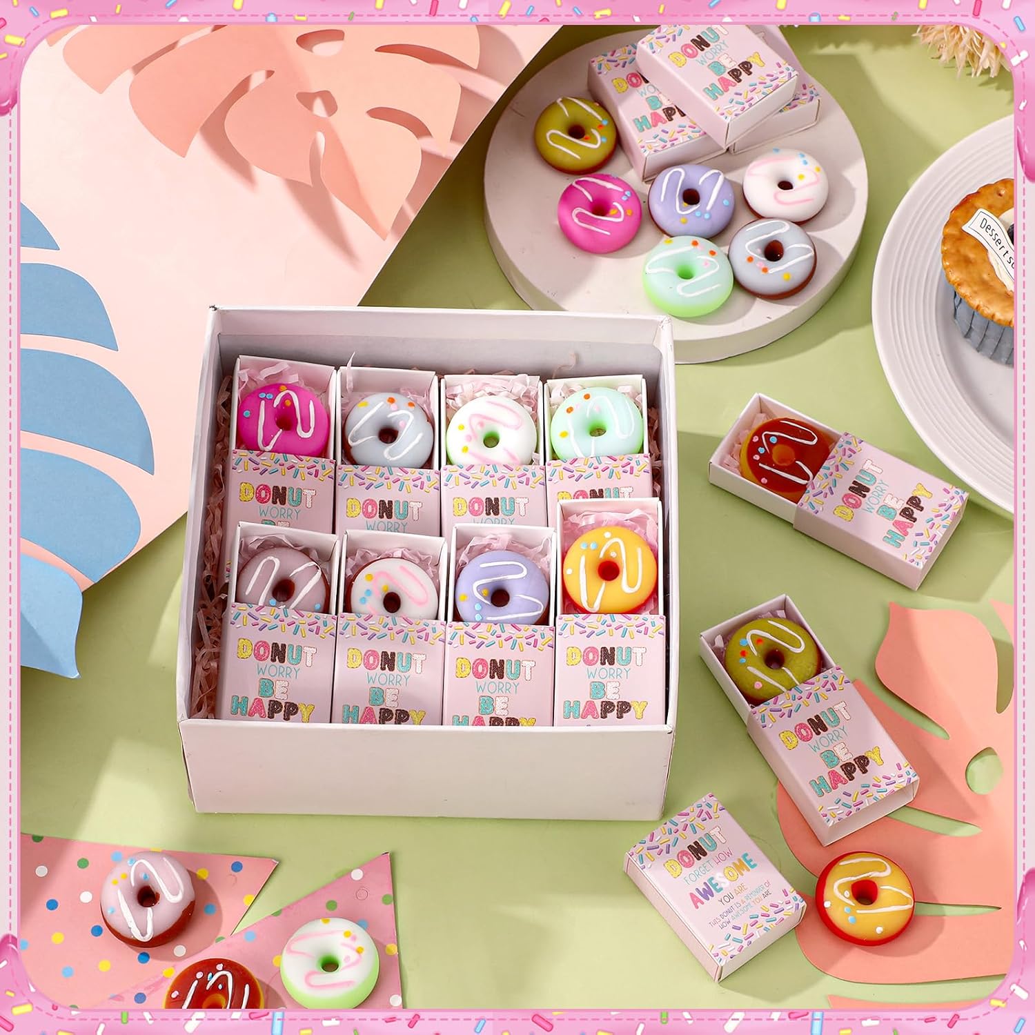Wettarn 24 Sets Appreciation Donut Gifts Cute Stress Balls with Support Gift Boxes Inspirational Party Favors for Employee Coworker Friends Office Positive Stress Relief Toys