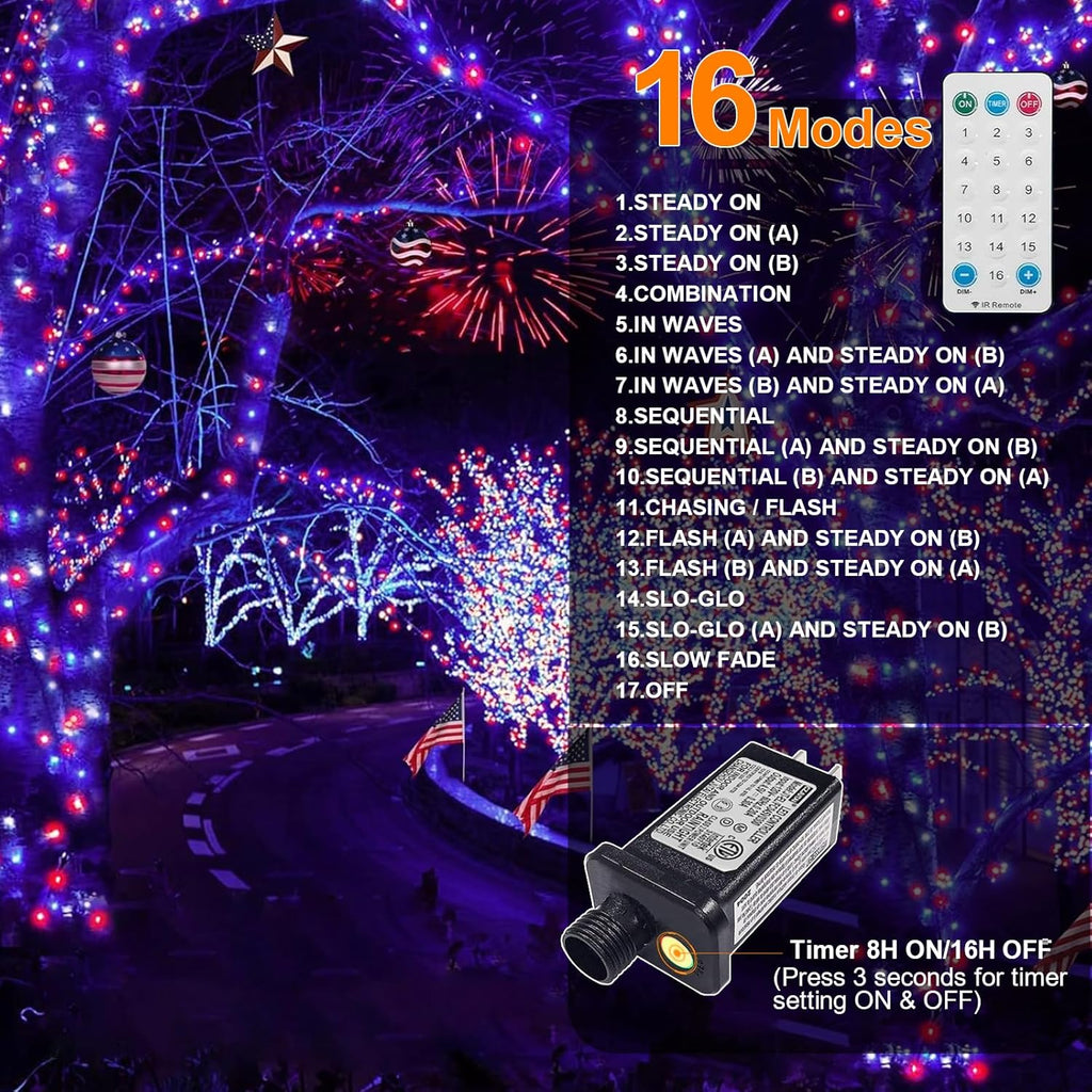LAMPHOME Patriotic Fairy Lights Plug in, 33Ft 100 LEDs Waterproof Twinkle Firefly Lights, Adaptor Included Starry String Light for Independence Day Patriotic Holidays Decoration (Red, White & Blue)