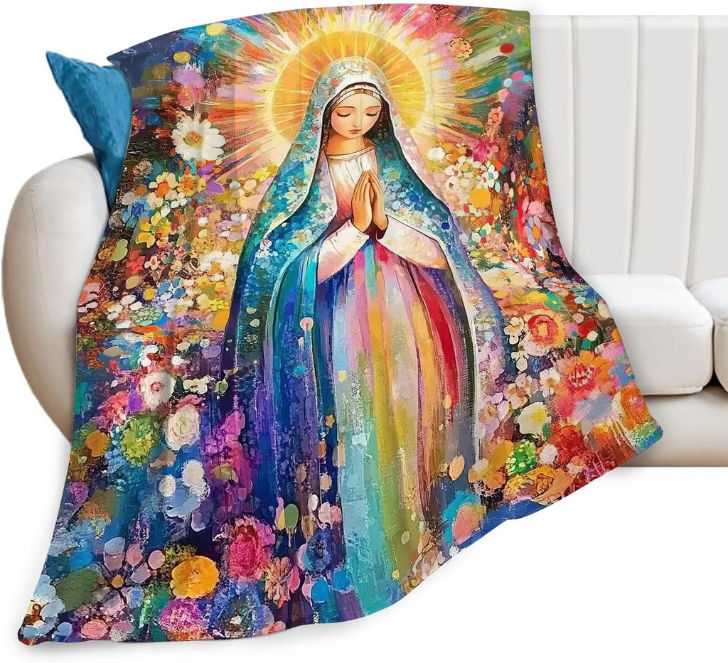 Virgin Mary Blanket Catholic Christian Throw Blankets Religious Gifts for Women Men Faith Prayer Soft Cozy Fleece Plush for Couch Sofa Bed 80"x60"