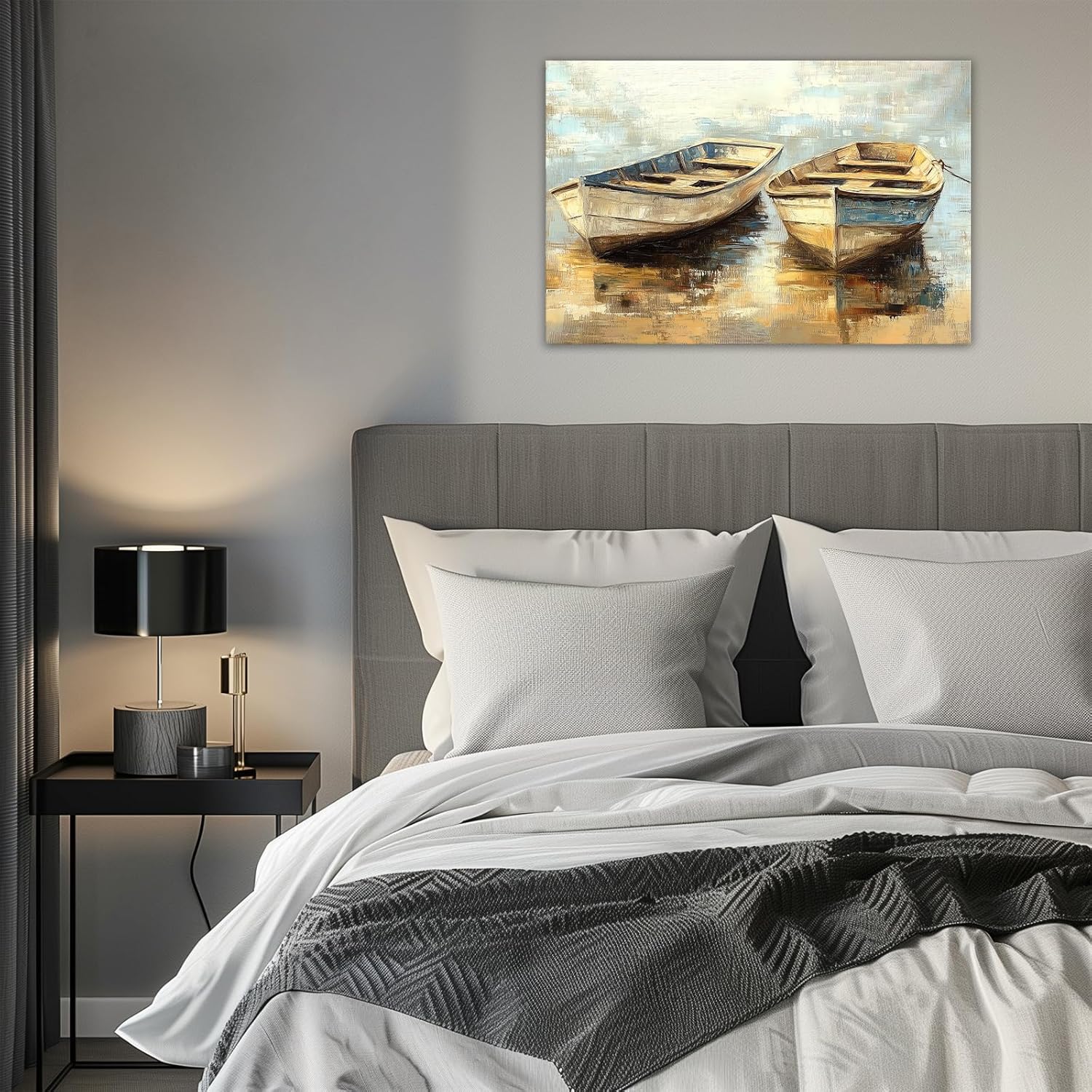 GLOKAKA Rustic Beach Boat Canvas Wall Art Retro Ship Poster Coastal Landscape Painting Prints Abstract Ocean Theme Artwork for Bathroom Bedroom Farmhouse