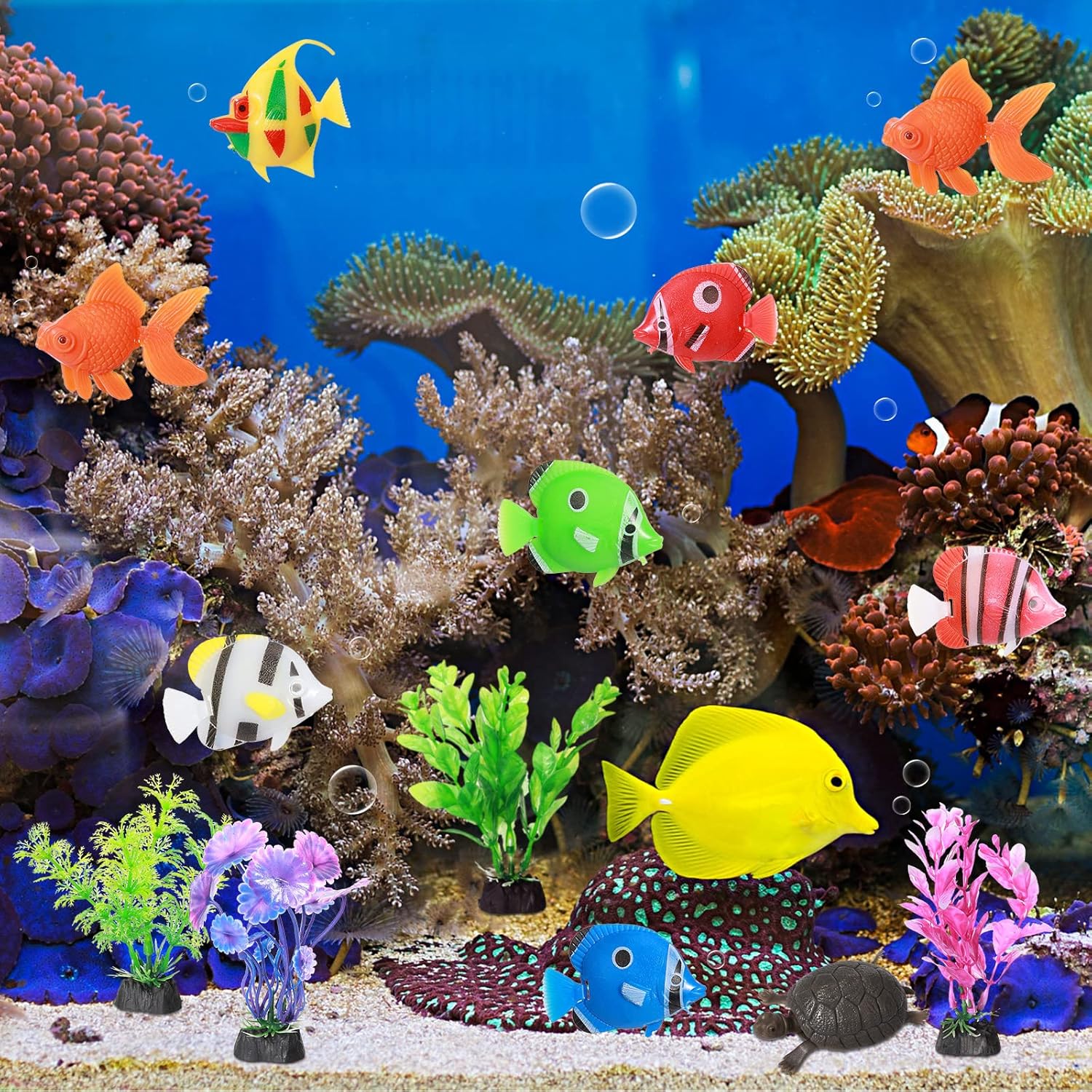 Chunyin Fish Tank Decorations, Artificial Aquatic Plants and Artificial Fishes Floating Decorations for Small Aquarium, Plastic Fake Fish, Jellyfish,Goldfish(50 Pcs)