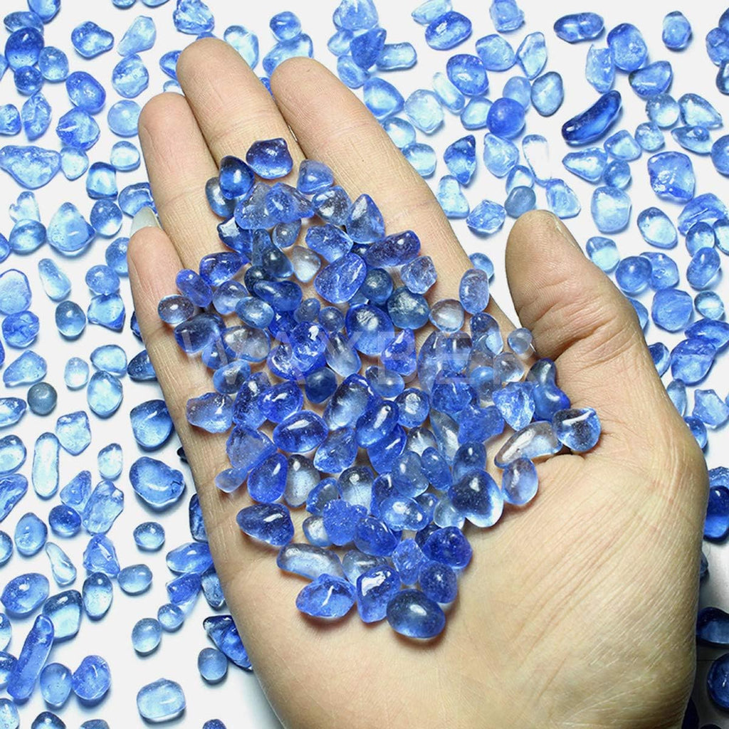 WAYBER Glass Stones, 1Lb/460g Irregular Sea Glass Pebbles Non-Toxic Artificial Gemstones for Vase Filler/Terrarium Aquarium Turtle Tank Decoration/Handmake Artwork, Light Blue