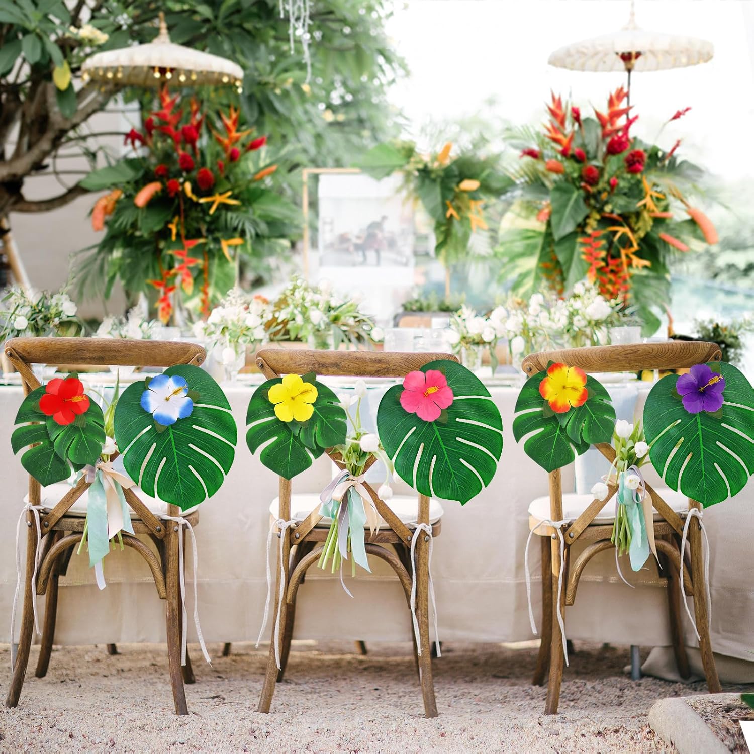 120Pcs Luau Party Decorations Fake Plants Palm Leaves Monstera Hibiscus Flowers Simulation Artificial Leaf for Hawaiian Luau Safari Parties Jungle Beach Wedding Birthday Theme Party Table Decorations
