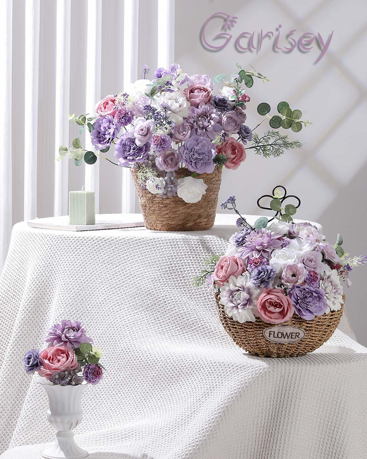 Artificial Flowers Combo Box Set Purple Fake Silk Flower for DIY Wedding Bouquet Arrangements Bridal Shower Party Home Decorations(White Purple Peony)