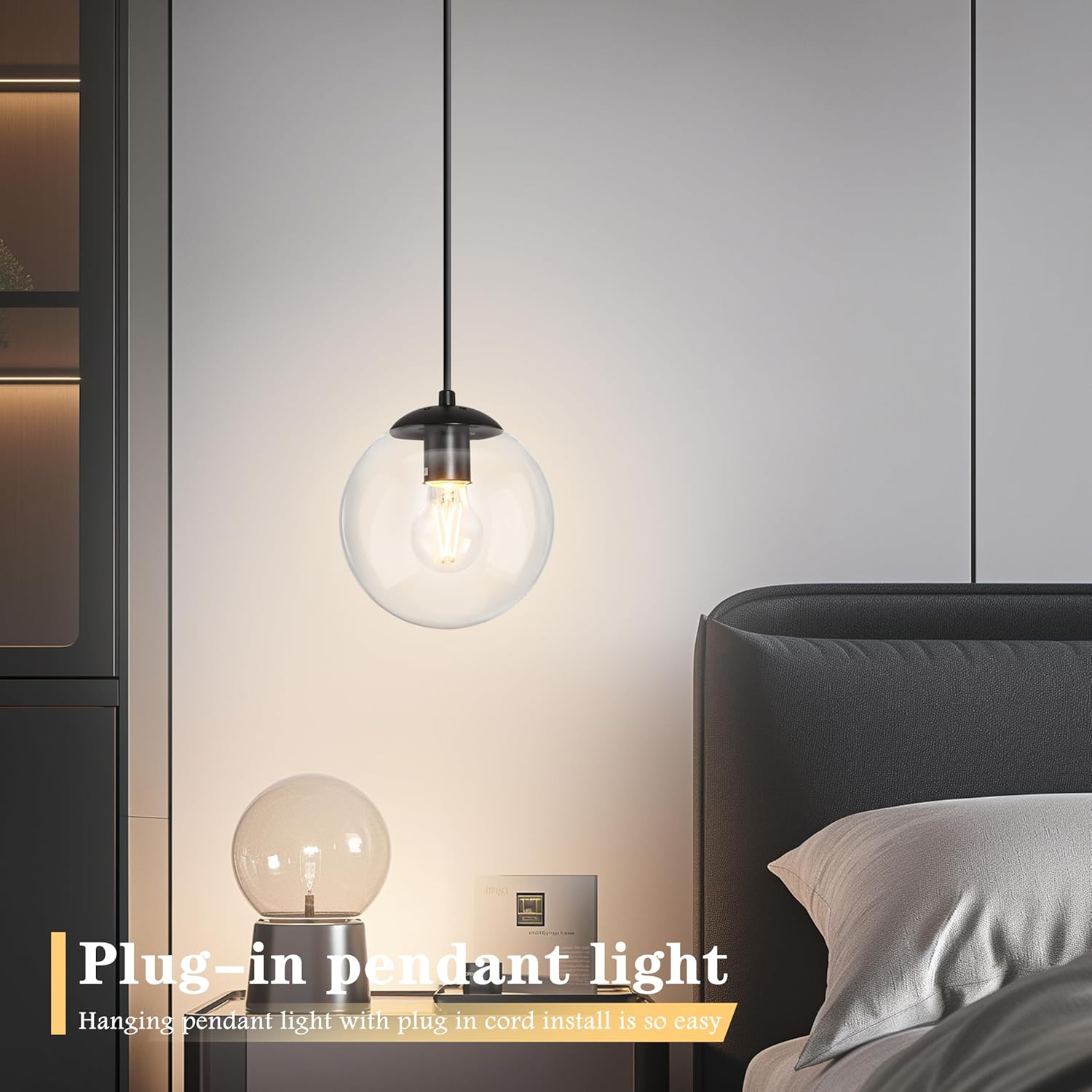 KoKo&Yukina 8" Globe Pendant Light Black Plug in Pendant Light Adjustable Hanging Lights with Plug in Cord Matte Black Finished with Clear Glass Lampshade for Bedroom Kitchen Island（Bulb Included）