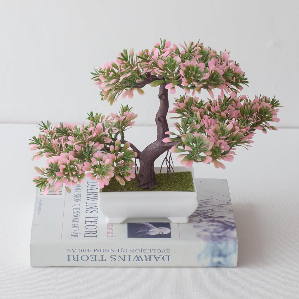 Mini Artificial Bonsai Tree Fake Plants - Artificial Plant Welcome Pine Treewith Plastic Cement Pots for Home Office Décor (Pink)