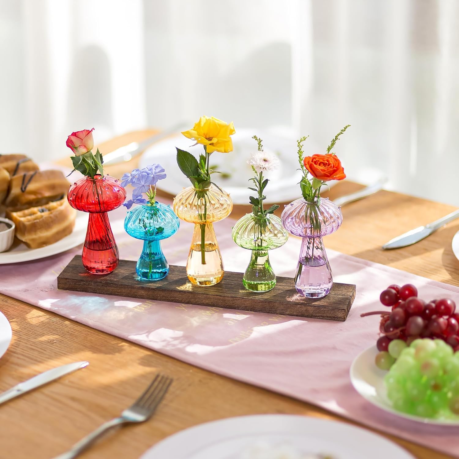 Glasseam Mushroom Plant Propagation Station: Cute Glass Terrarium Jar with Wooden Stand Unqiue Planters for Indoor Plants Hydroponic Glass Bud Flower Vase for Home Office Decor for Women