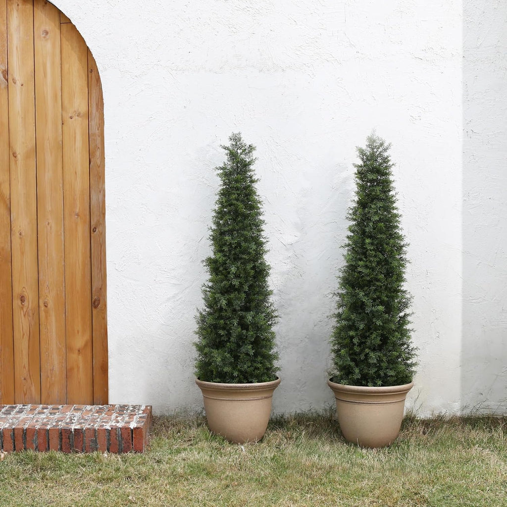 LOMANTO Outdoor Artificial Topiary Cedar Tree 2Pack Fake Tree 5Ft UV Rated Potted Plants for Porch Decor Faux Pine Plant for Housewarming