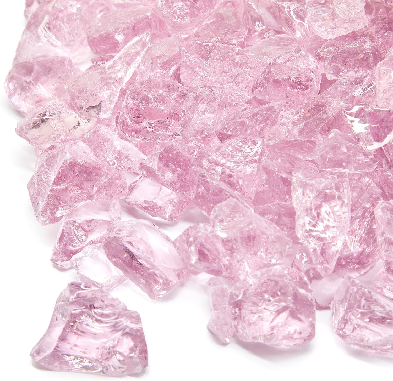 TWINKLING High Luster Fire Glass Gravel Stone,Broken Glass,Fire Pit Glass,Crushed Glass for Fireplace Pit Aquarium Garden Decoration,1-3cm,2-Pound Jar (Pink)