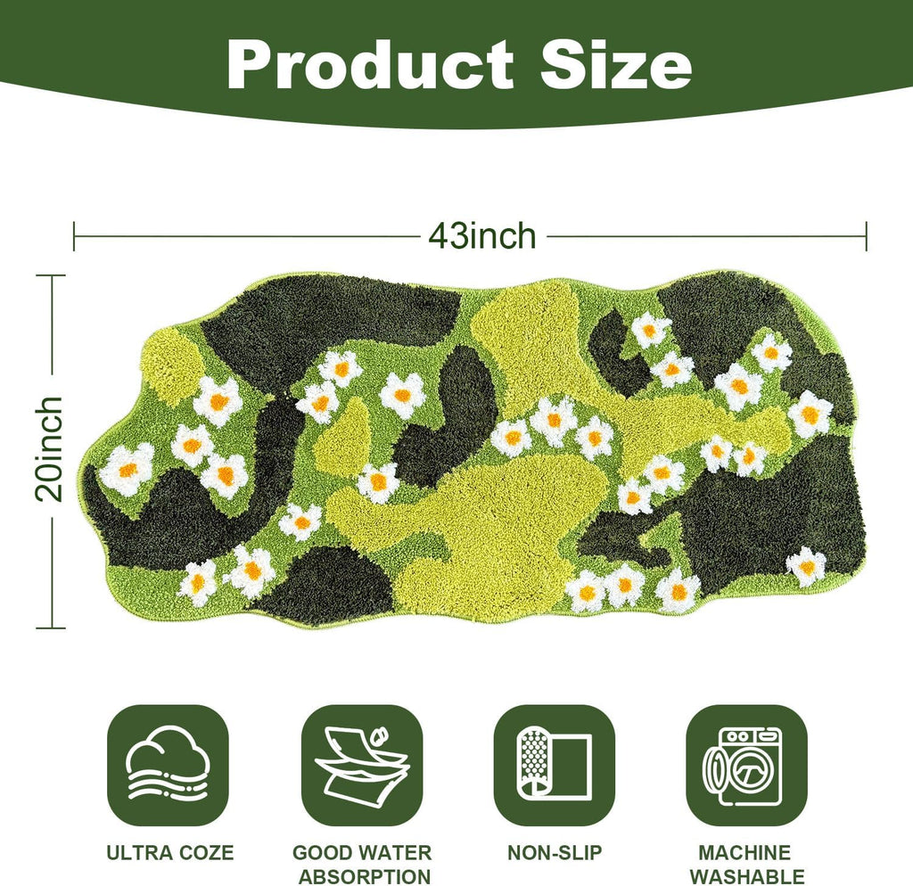 Green Floral Irregular Shaped Rug, Runner, Ultra Thick Soft Microfiber Bath Mat, Water Absorbent Non-Slip Shower Floor Decor, Aesthetic Trendy Rugs for Bedroom, 43x20 Inches