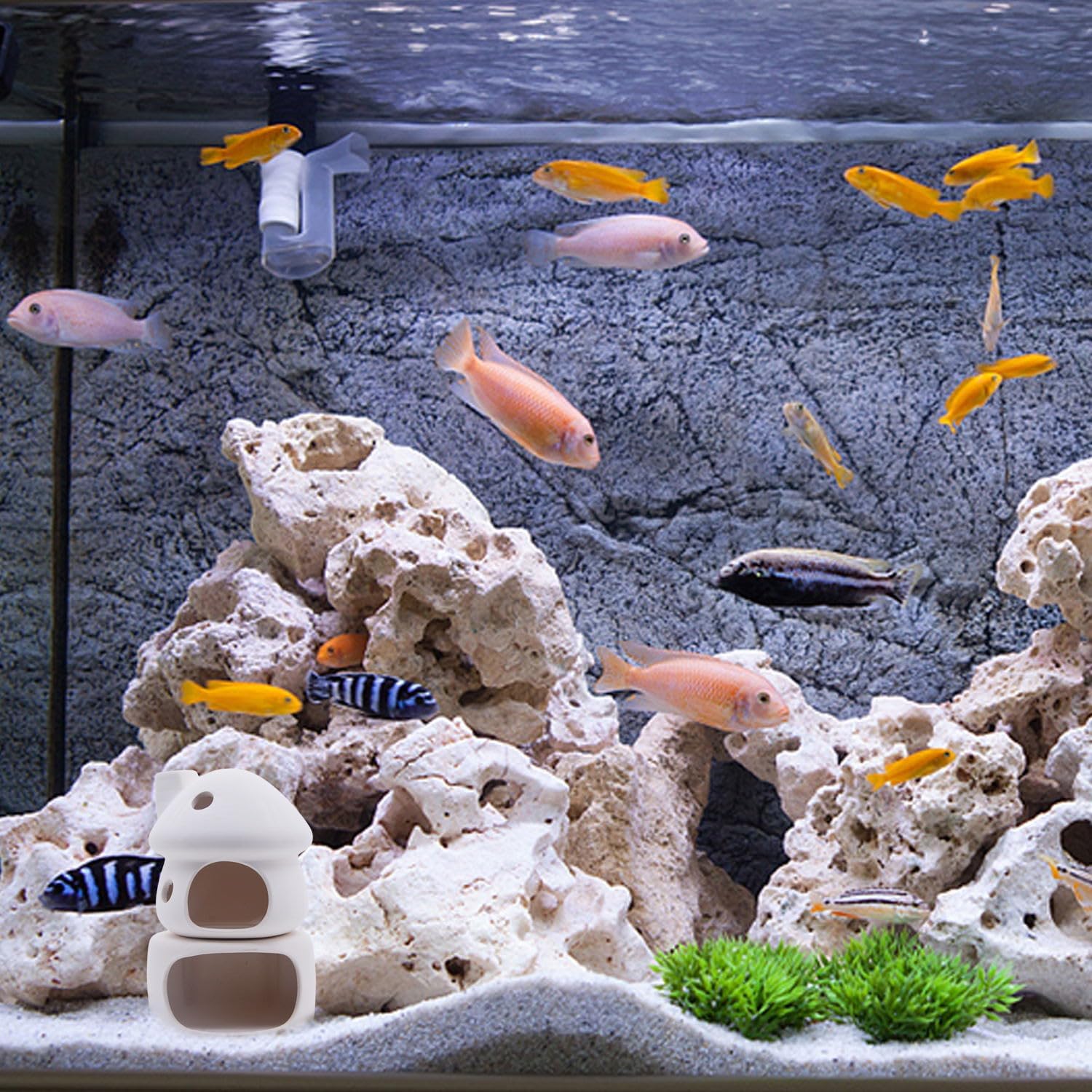 Aquarium Decor Ceramic Mushroom House with Cave Set Ornament Fish Tank Landscape Decoration for Small Shrimp for Goldfishes to Rest (White)