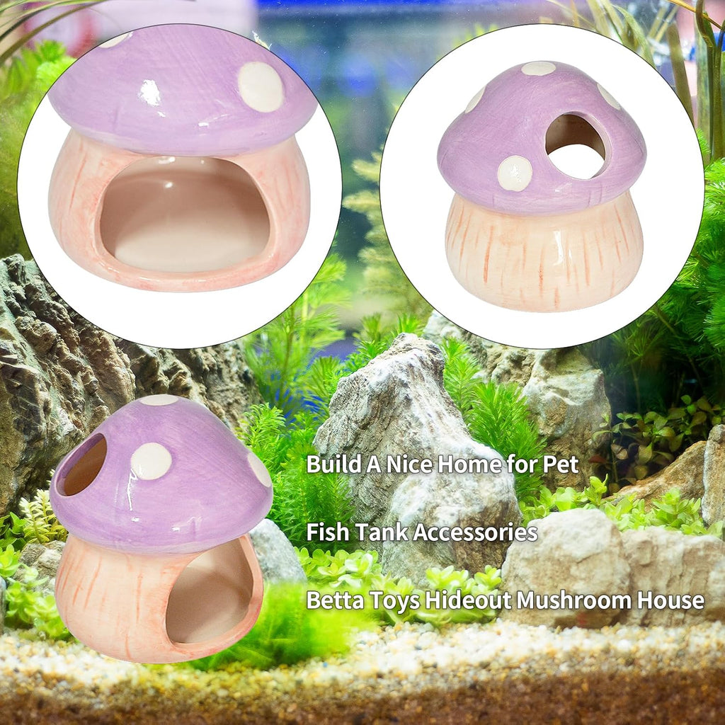 Mushroom Fish Tank Decor, Ceramics Aquarium Shrimp Cave, Betta Hideout Decoration, Cottage Ornament Goldfishes Pleco Cave for Fish Tank Landscape Hideaway Spawning Decor - Purple