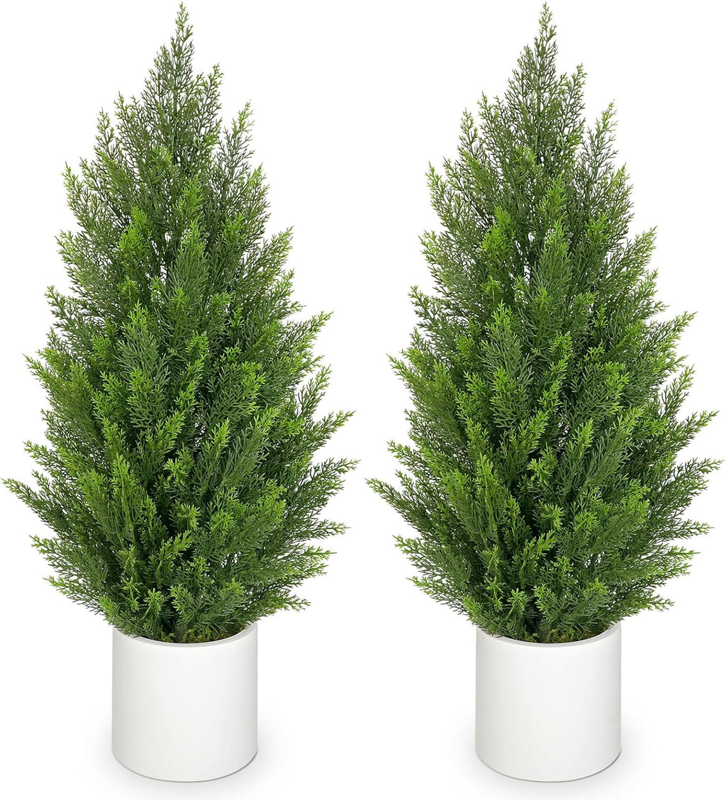 Briful 2PCS 3ft Artificial Cedar Topiary Trees in White Planter – Compact Faux Evergreen Potted Plants with Dense Realistic Layered Leaves, Lifelike Fake Trees for Home, Office, Patio, Porch