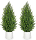 Briful 2PCS 3ft Artificial Cedar Topiary Trees in White Planter – Compact Faux Evergreen Potted Plants with Dense Realistic Layered Leaves, Lifelike Fake Trees for Home, Office, Patio, Porch