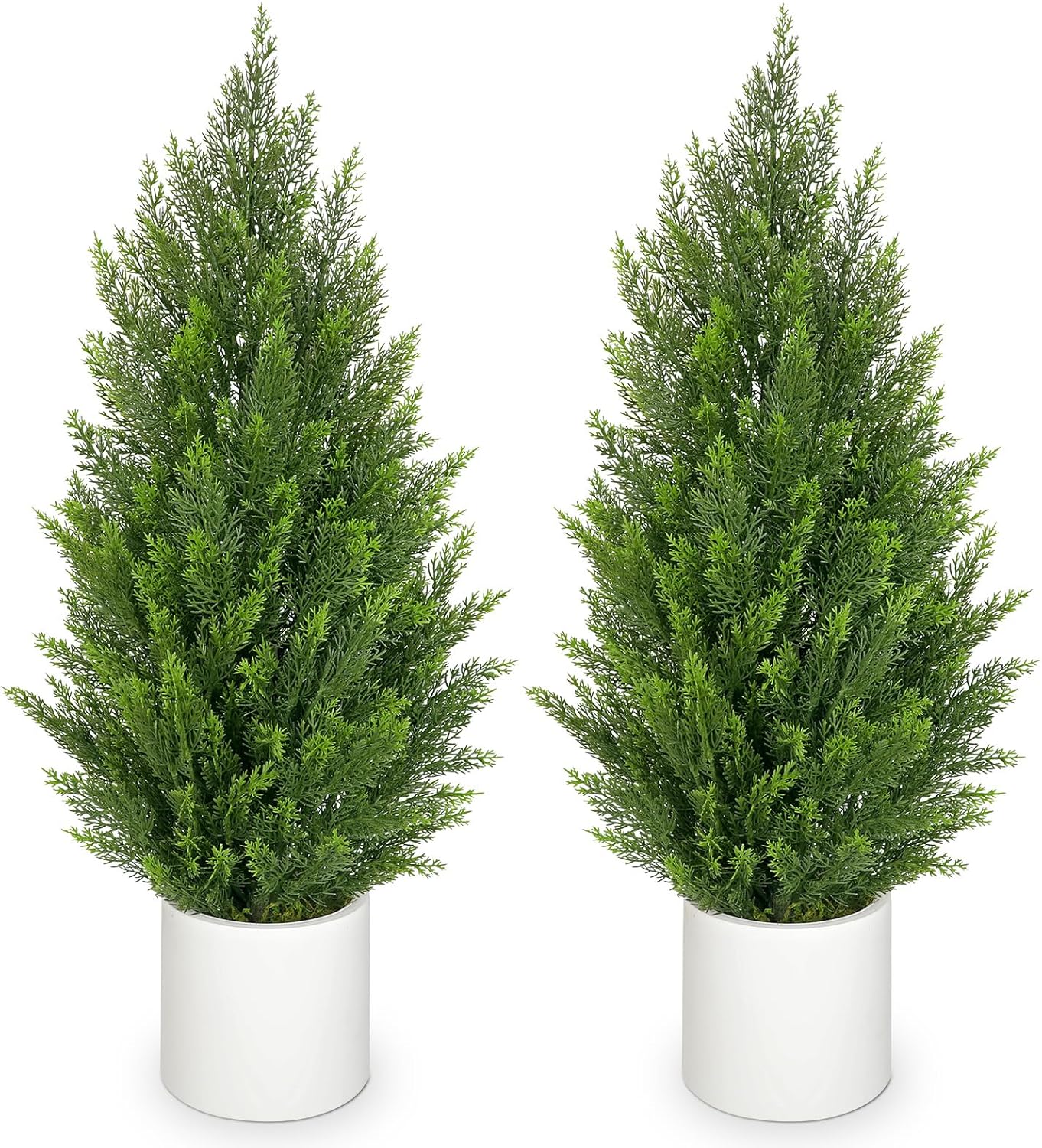 Briful 2PCS 3ft Artificial Cedar Topiary Trees in White Planter – Compact Faux Evergreen Potted Plants with Dense Realistic Layered Leaves, Lifelike Fake Trees for Home, Office, Patio, Porch