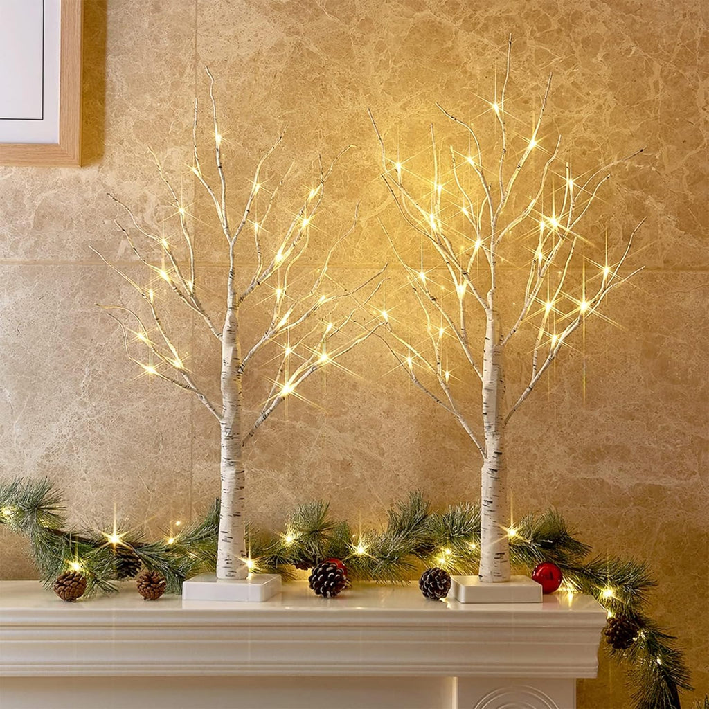 PEIDUO Christmas Decorations Indoor, 2 FT Birch Tree with LED Lights, Fairy Light Spirit Tree for Christmas Decor, Warm White Lighted Birch Trees for Home Decor Indoor, Battery Powered, Timer (2PK)