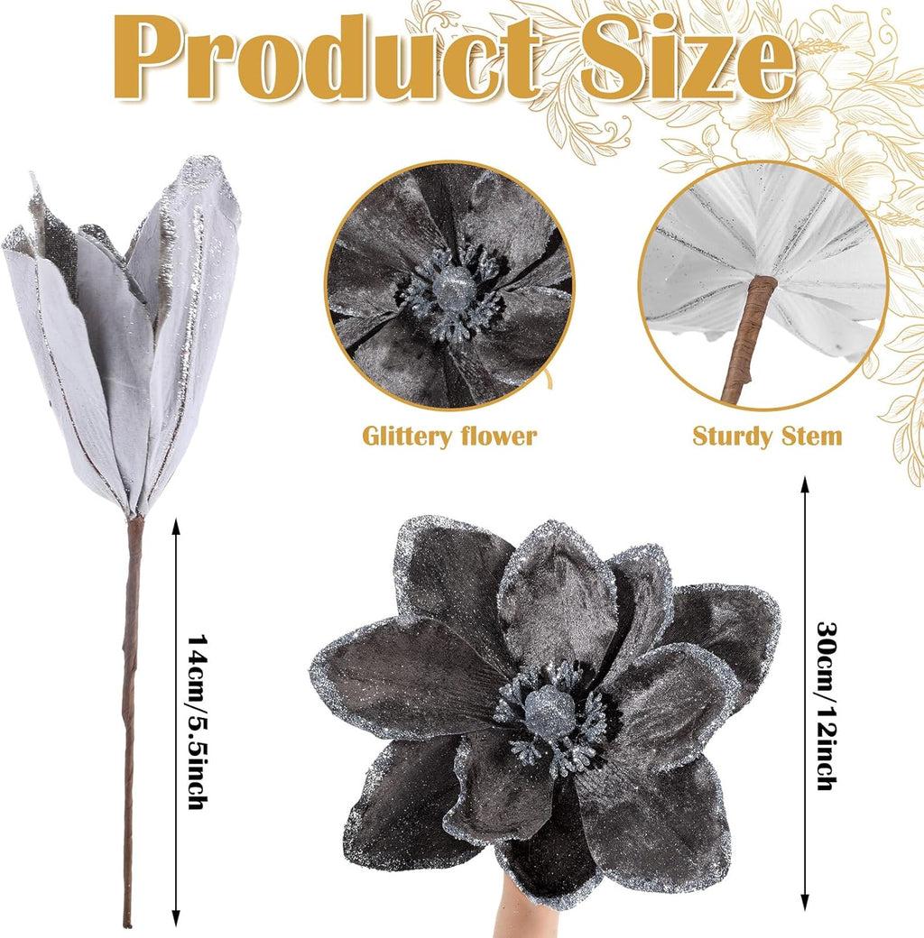 8 Pcs Large Christmas Flower Magnolia Flowers Christmas Tree Decoration Artificial Poinsettia Stems Velvet Xmas Ornaments for Xmas Tree Table Decor(Gery,12 Inch)