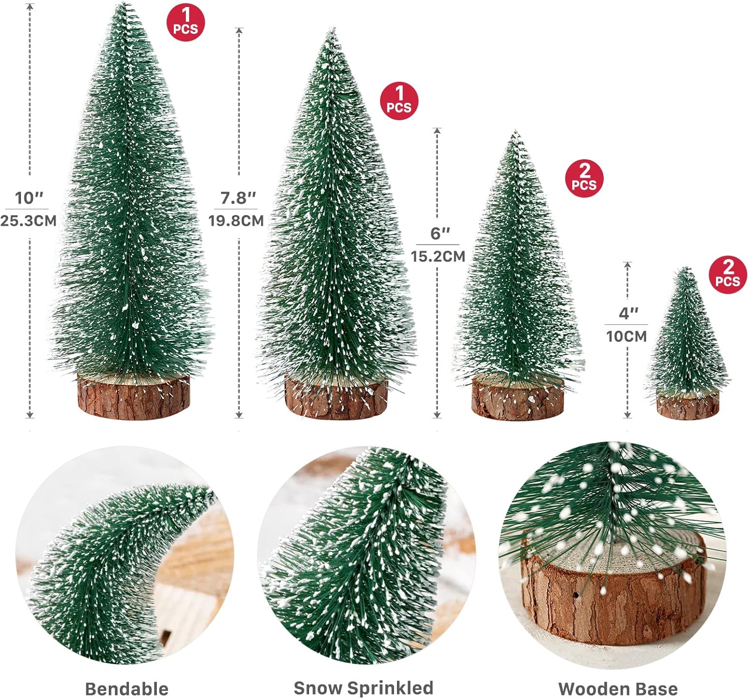 Mini Christmas Trees Christmas Decor Artificial Christmas Decorations with 4 Sizes, Christmas Tree Bottle Brush Trees Christmas Table Decorations (6pcs Green)