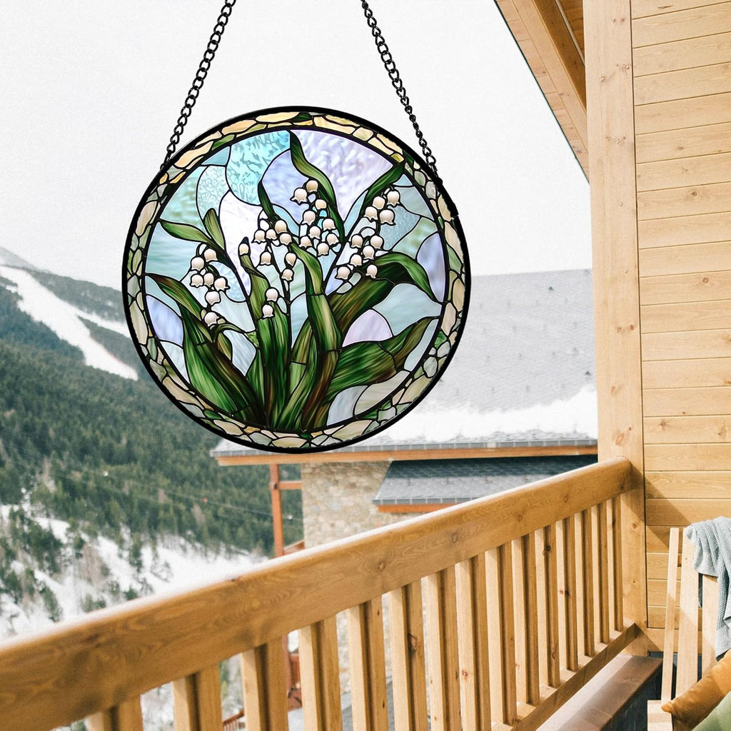 Stained Glass Window Hanging, White Green Lily of The Walley Flowers Sun Catcher for Door Home Decor Plants Suncatcher Christmas Mother's Day Birthday Gifts for Women Men Mom Nana 15 in