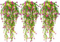 RECUTMS Artificial Hanging Plants with Lights Fake Hanging Plant Faux Eucalyptus Leaf Greenery Vine Outdoor UV Resistant Plastic Plants Home Garden Wedding Party Indoor Outdoor Decorations (Fuchsia)