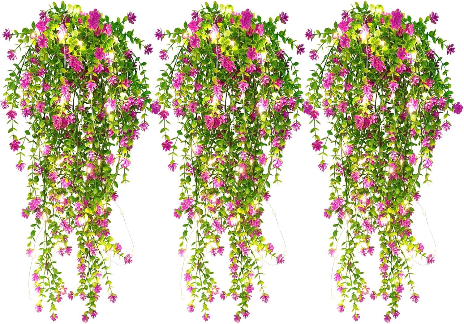 RECUTMS Artificial Hanging Plants with Lights Fake Hanging Plant Faux Eucalyptus Leaf Greenery Vine Outdoor UV Resistant Plastic Plants Home Garden Wedding Party Indoor Outdoor Decorations (Fuchsia)