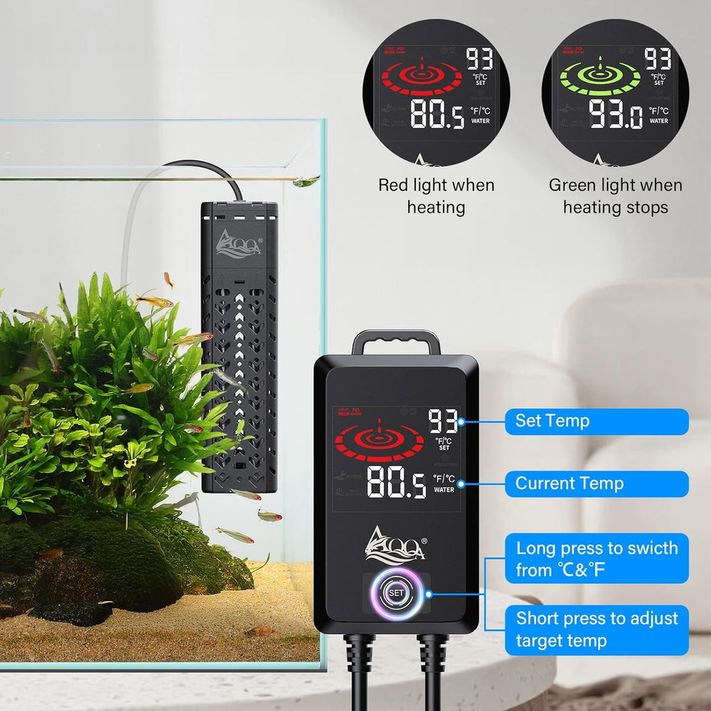 AQQA Aquarium Heater 800W for Large Fish Tank 80-230 Gallon Quartz Glass Submersible Betta Fish Heater with Overheat & Dry-Run Protection Adjustable Temp Range 59-93℉ (AQ197-800W for 80-230Gal)