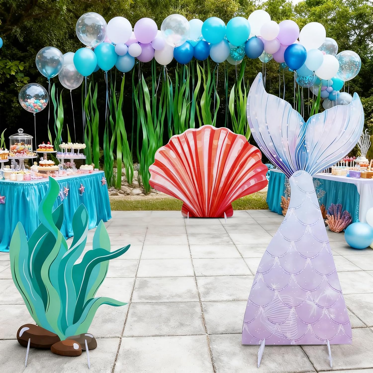 3 Pcs Large Sea Party Stand Decor, Under The Sea Sign Stand Party Decorations Set Mermaid Tail Seaweed with Brackets for Ocean Mermaid Theme Birthday Photography Props Decor