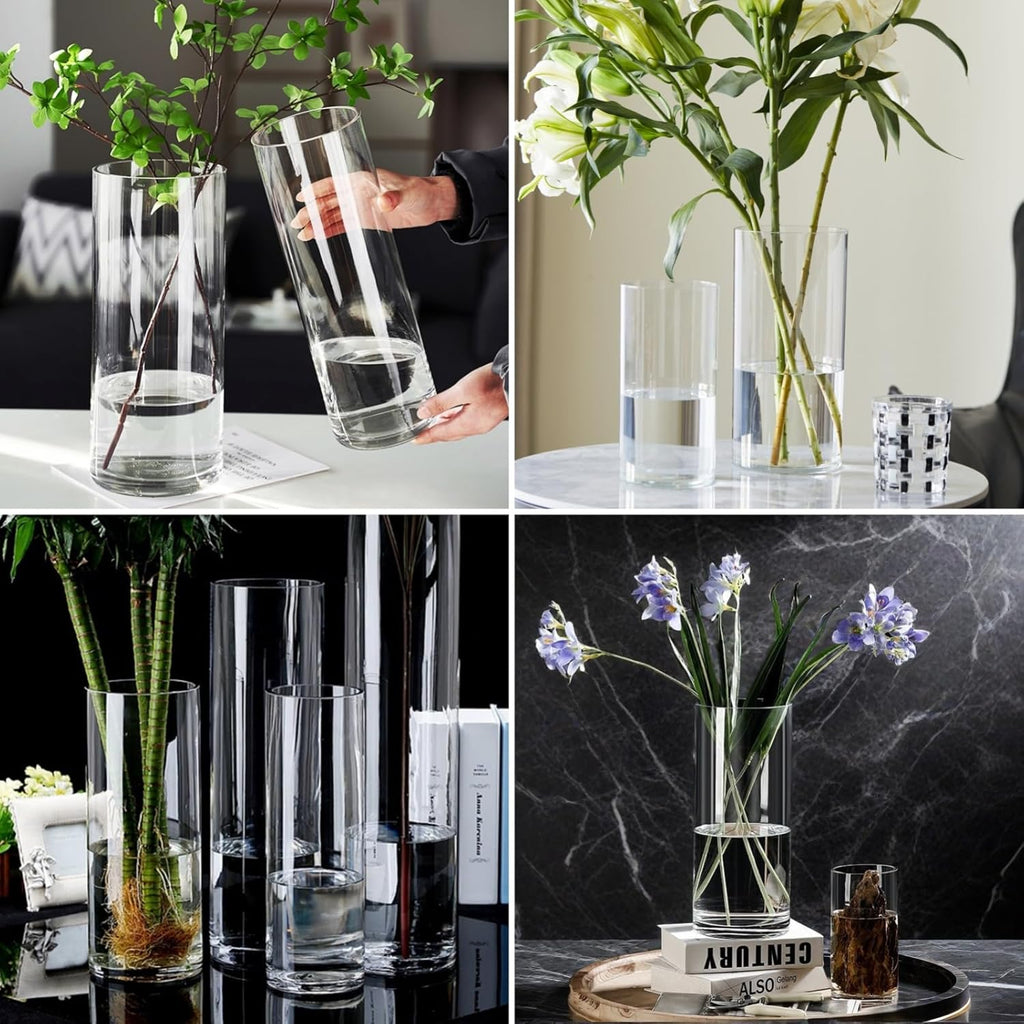 4 Large Acrylic Clear Cylinder Vase Set with 4 Spiral Ikebana Stem Holder Ring, Unbreakable Tall Plastic Hurricane Vases for Wedding Centerpieces Flower Bouquet Decor (4 Vases + 2 Holder)