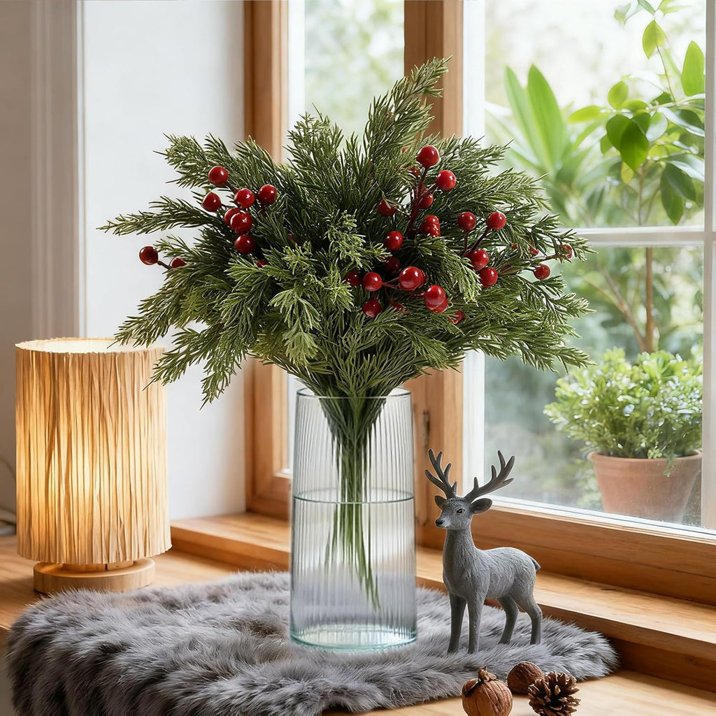 Artificial Pine Branches 17.7" Faux Cedar Pine Stem Fake Greenery Pines Picks with Red Berries Suitable for DIY Christmas-Themed Decorations and Styles