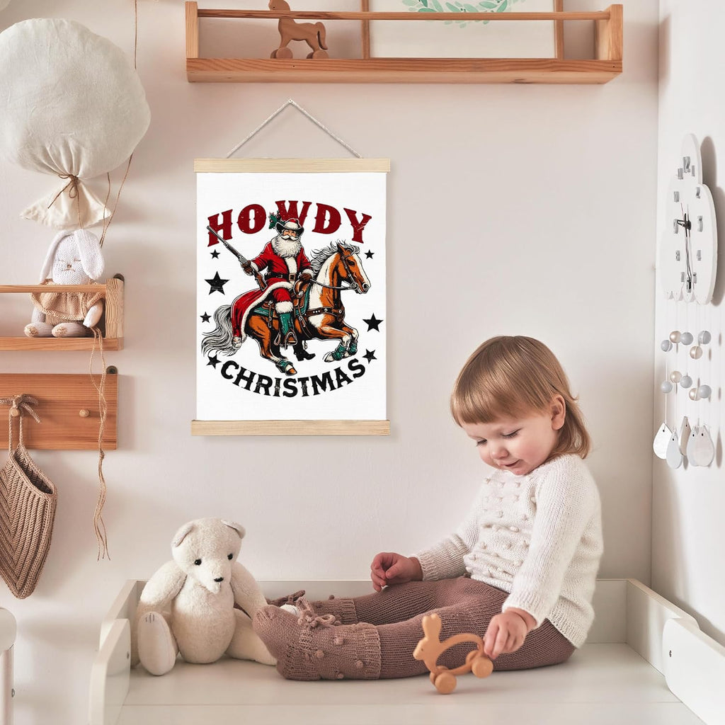FDHSPAAM Cowboy Christmas Santa Wall Art Decor, Western Christmas Decor, Funny Retro Country Rodeo Howdy Santa Wall Art Posters for Home Bedroom Living Room, 12x16 Inch