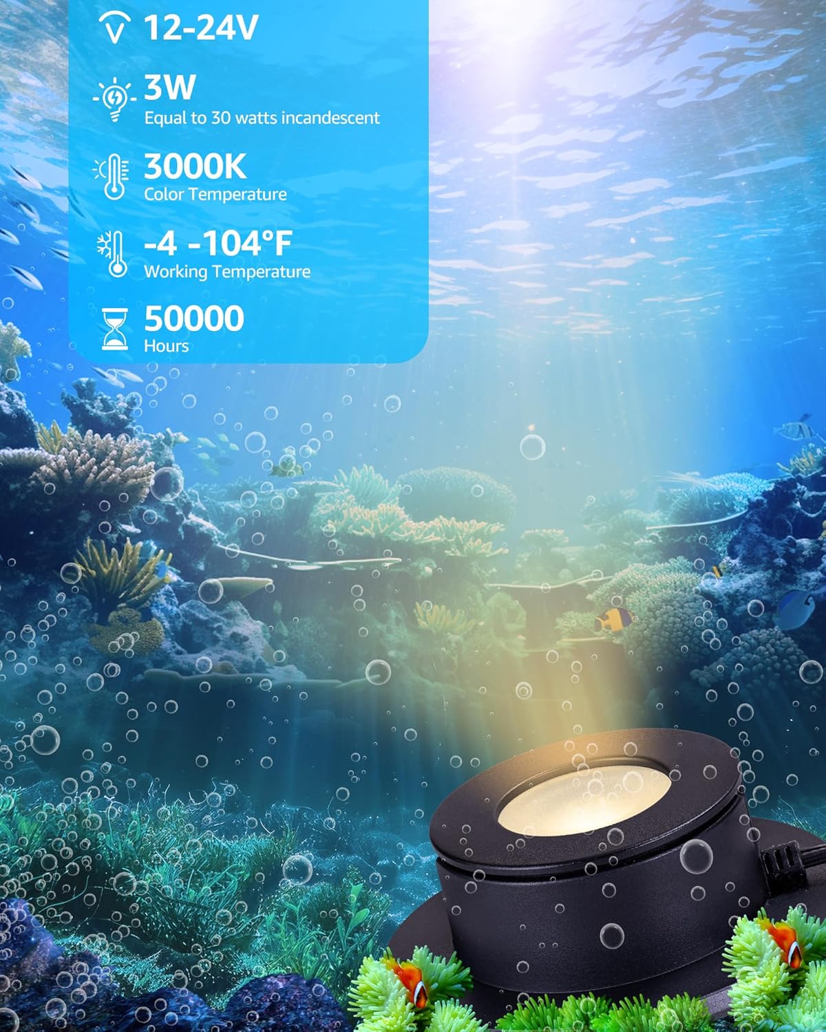 SUNVIE 3W Pond Lights LED Underwater 12-24V AC/DC Low Voltage Fountain Lights LED Underwater 3000K Warm White IP68 Waterproof Pond Light for Outdoor Ponds Fountains Waterfalls, 2 Pack