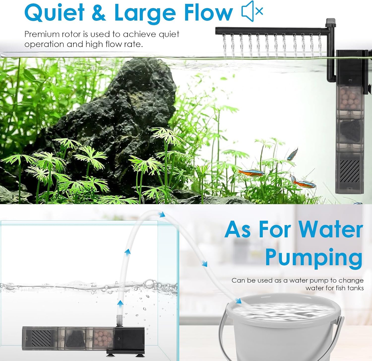 hygger Aquarium Filter DC 5V Multiple Function Power Quiet Fish Tank Filter with Rainfall Aeration 3-Stages Filtration Adjustable Submersible Internal Fish Filter for 13-35 Gallon