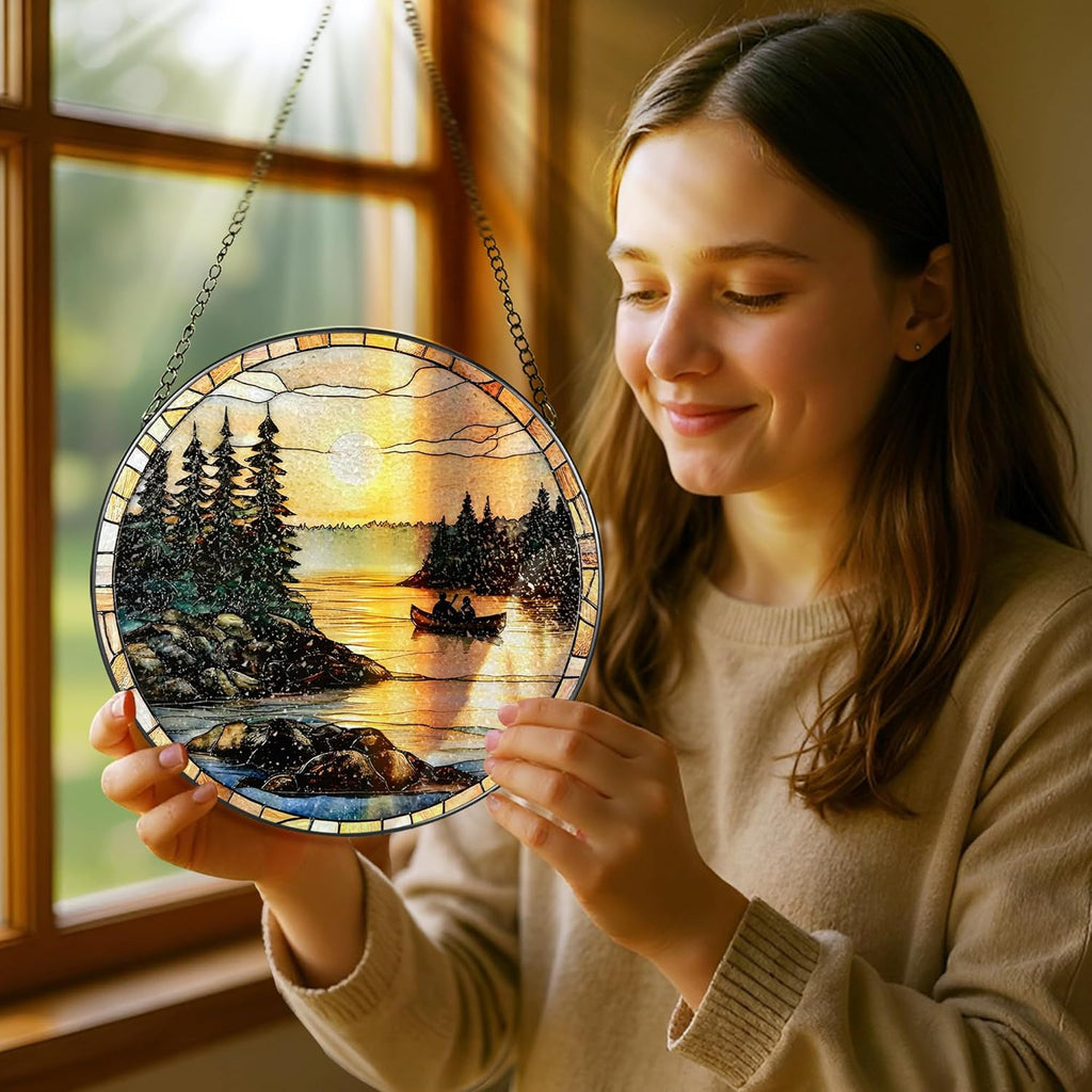 8-Inch Stained Glass Ornament, Stained Glass Window Hanging, Window Hanging Decor Suncatcher, Canoe Lake Sunset Ornament | Christmas, Mother’s Day, Birthday | Gifts for Nature Lovers, Mom & Friend