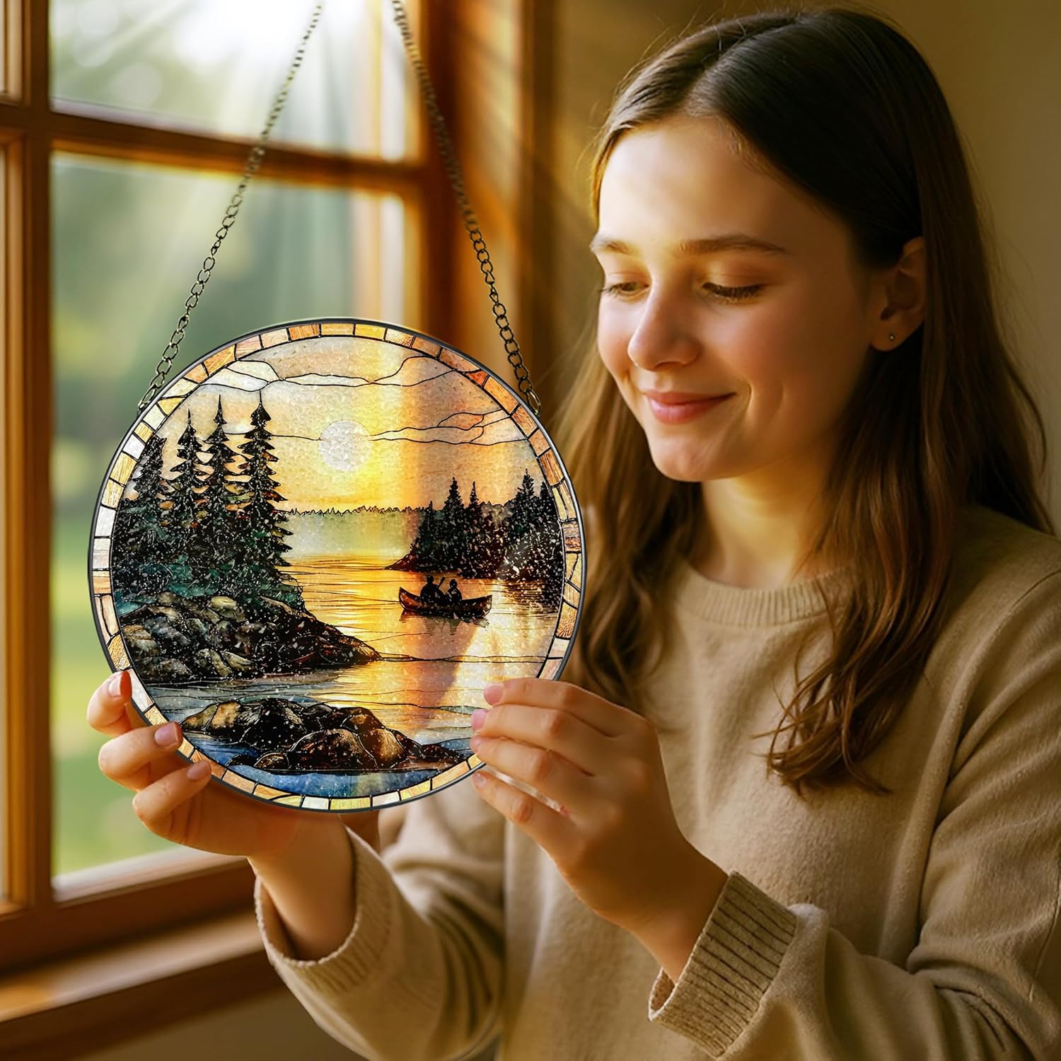 8-Inch Stained Glass Ornament, Stained Glass Window Hanging, Window Hanging Decor Suncatcher, Canoe Lake Sunset Ornament | Christmas, Mother’s Day, Birthday | Gifts for Nature Lovers, Mom & Friend