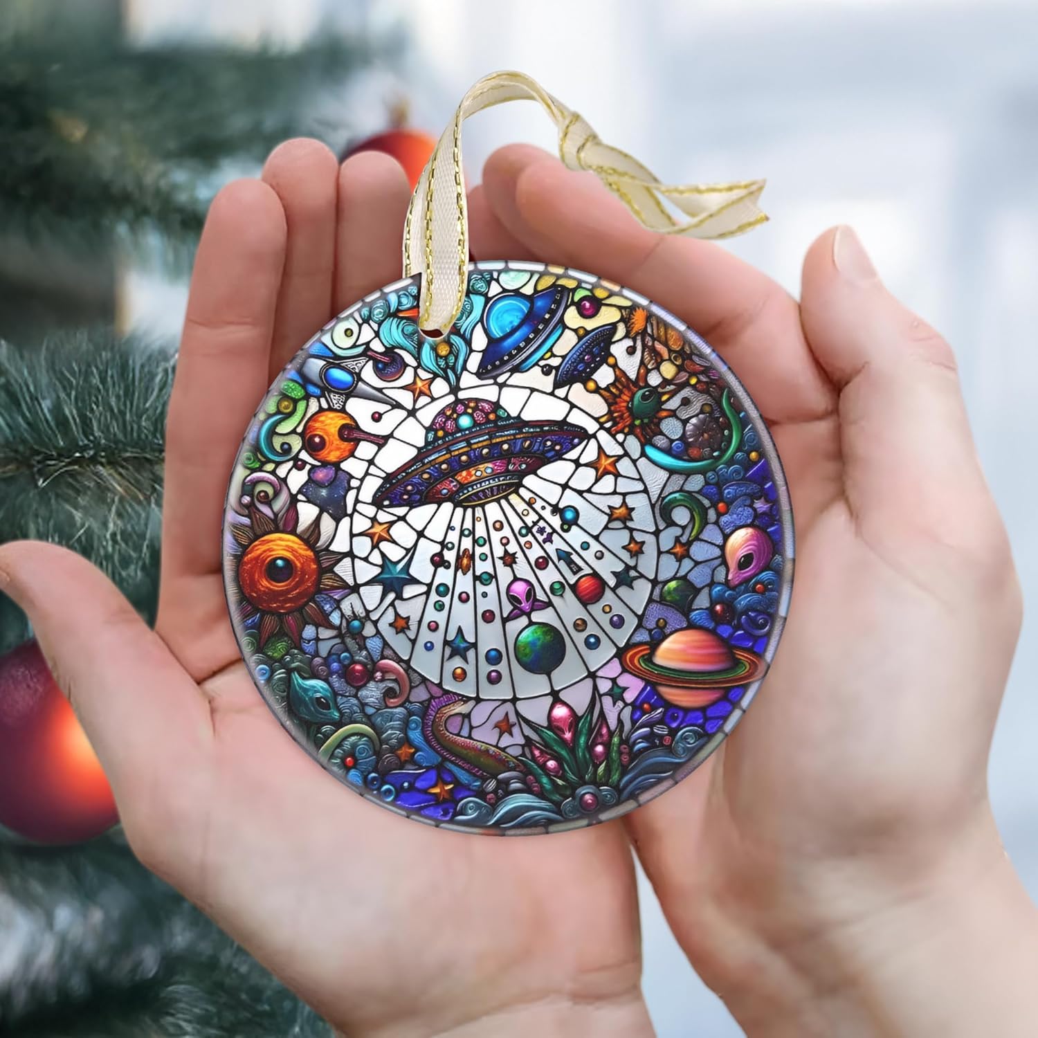 2025 UFO & Alien Christmas Tree Ornament - Christmas Decoration, Round Ceramic Holiday Decor, Gift Idea for Friends