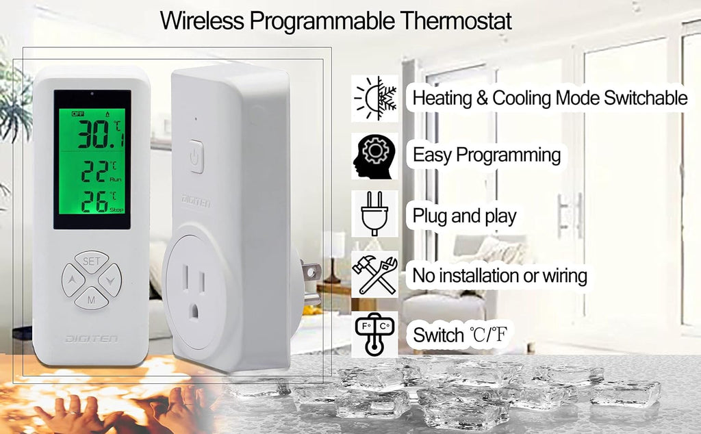 Digital WTC200 Wireless Thermostat Plug-in Temperature Controller Outlet, Remote Temp Controller, Thermometer Heating Cooling Mode for Fan Heater Greenhouse Home Brew Reptile - White