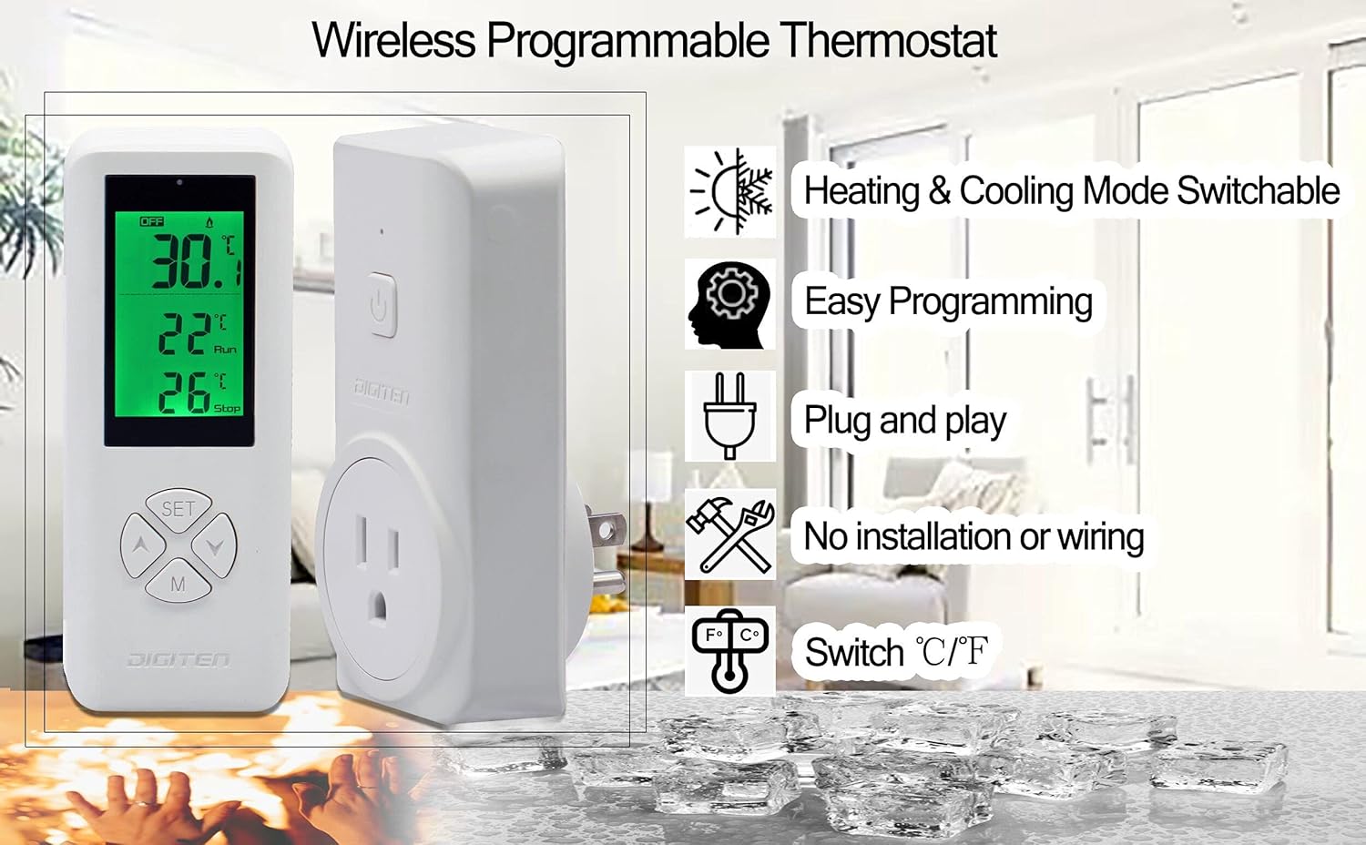 Digital WTC200 Wireless Thermostat Plug-in Temperature Controller Outlet, Remote Temp Controller, Thermometer Heating Cooling Mode for Fan Heater Greenhouse Home Brew Reptile - White