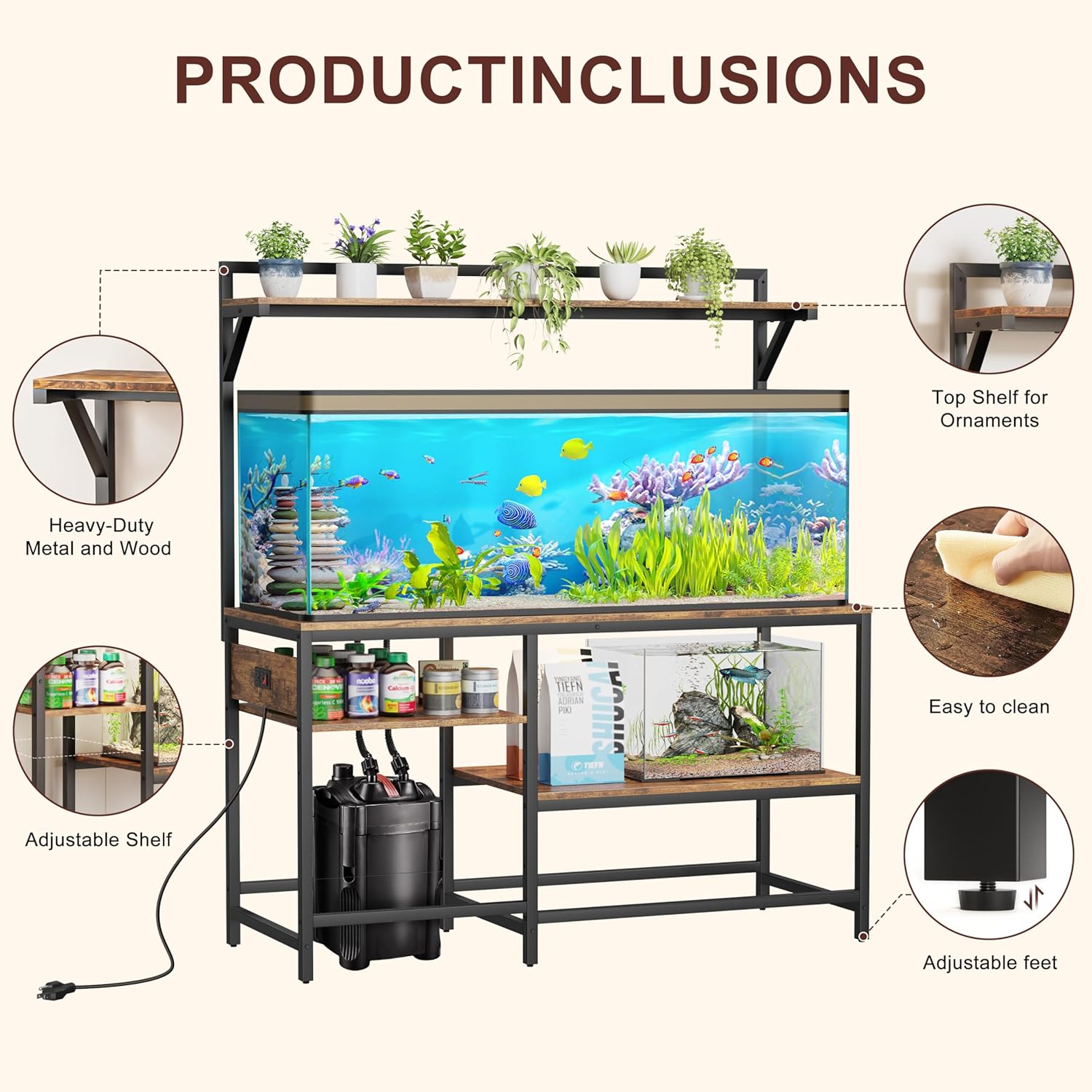 55 Gallon Fish Tank Stand with Power Outlet, Metal Aquarium Stand with Filter Storage, 6-Leg Reptile Tank Stand with 3-Tier Adjustable Storage Shelves and roof Support