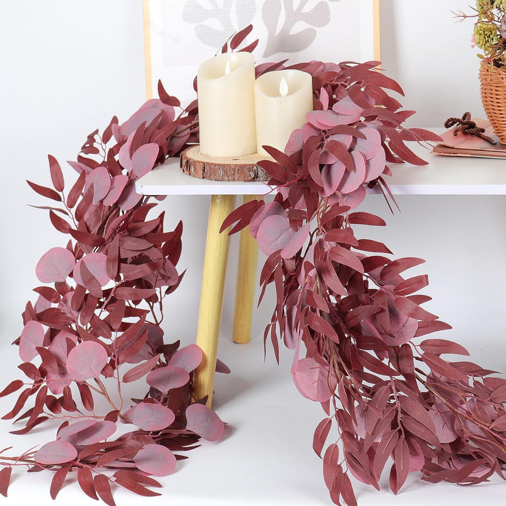 RECUTMS 2Pcs Artificial Eucalyptus Garlands with Willow Leaves 6.6Ft Faux Hanging Eucalyptus Willow Vines Fall Rattan Thanksgiving Christmas Party Wedding Table Centerpiece Fireplace Decor(Burgundy)
