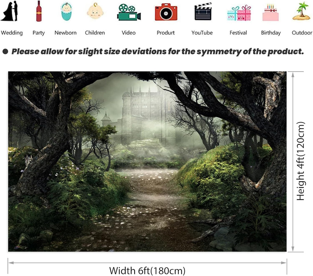 Renaiss Enchanted Forest Backdrop Fabric Green Medieval Smoky Jungle Forest Wonderland Fairy Tale Adventure Photography Background for Kids Fairytale Theme Party Decorations Photo Prop 6x4ft
