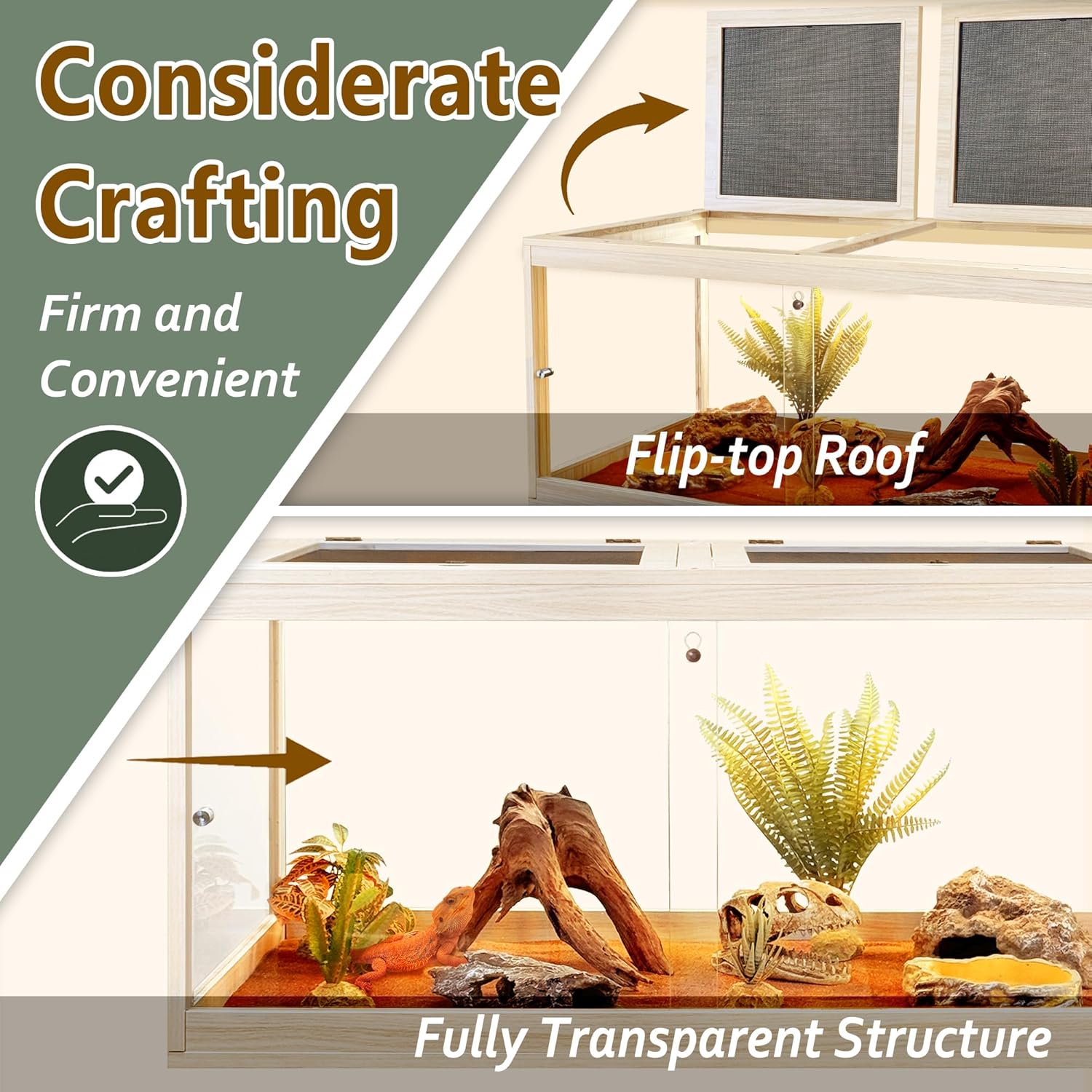 PROLEE Tempered Glass Bearded Dragon Tank,63 Gallon Reptile Tank with Meatl Mesh Roof and Front Sliding Door, Anti-Scratch Lizard Tank,Spacious Reptile Enclosure for Snakes,Lguanas, Chameleons (Oak)