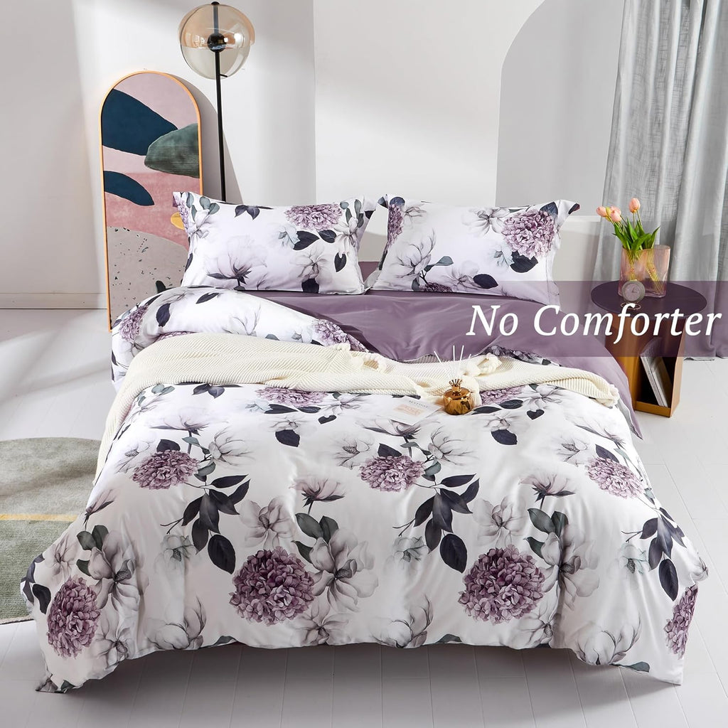 MILDLY 100% Long-Staple Cotton Duvet Cover Set Hydrangea Lotus Flower Pattern Printed Comforter Cover 3pcs, Ultra Soft & Breathable Bedding Set